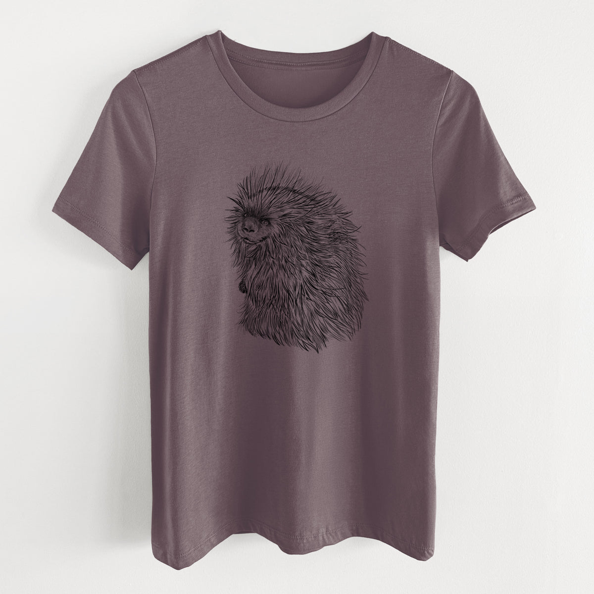 Purple storm women's relaxed fit cotton t-shirt laid flat, printed with a detailed black ink illustration of a porcupine with its quills raised.