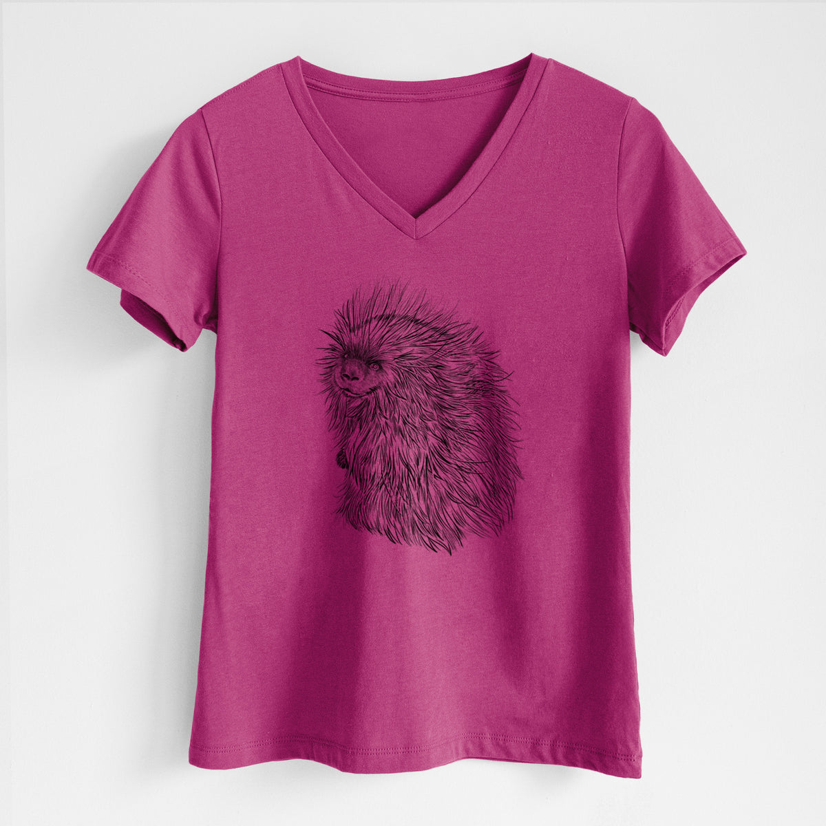 Berry pink women's relaxed fit cotton V-neck t-shirt laid flat, printed with a detailed black ink illustration of a porcupine with its quills raised.