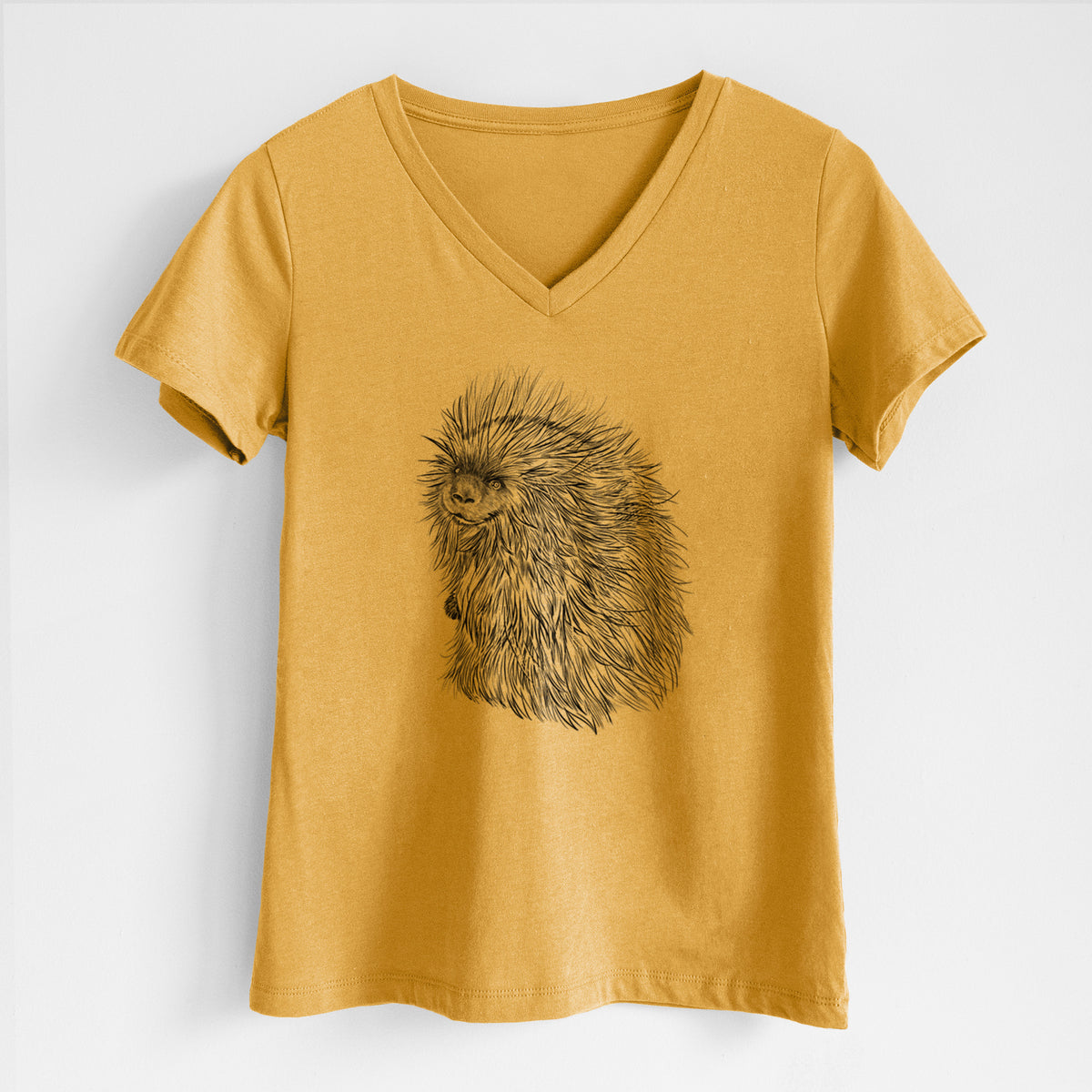 Honeycomb yellow women's relaxed fit cotton V-neck t-shirt laid flat, printed with a detailed black ink illustration of a porcupine with its quills raised.