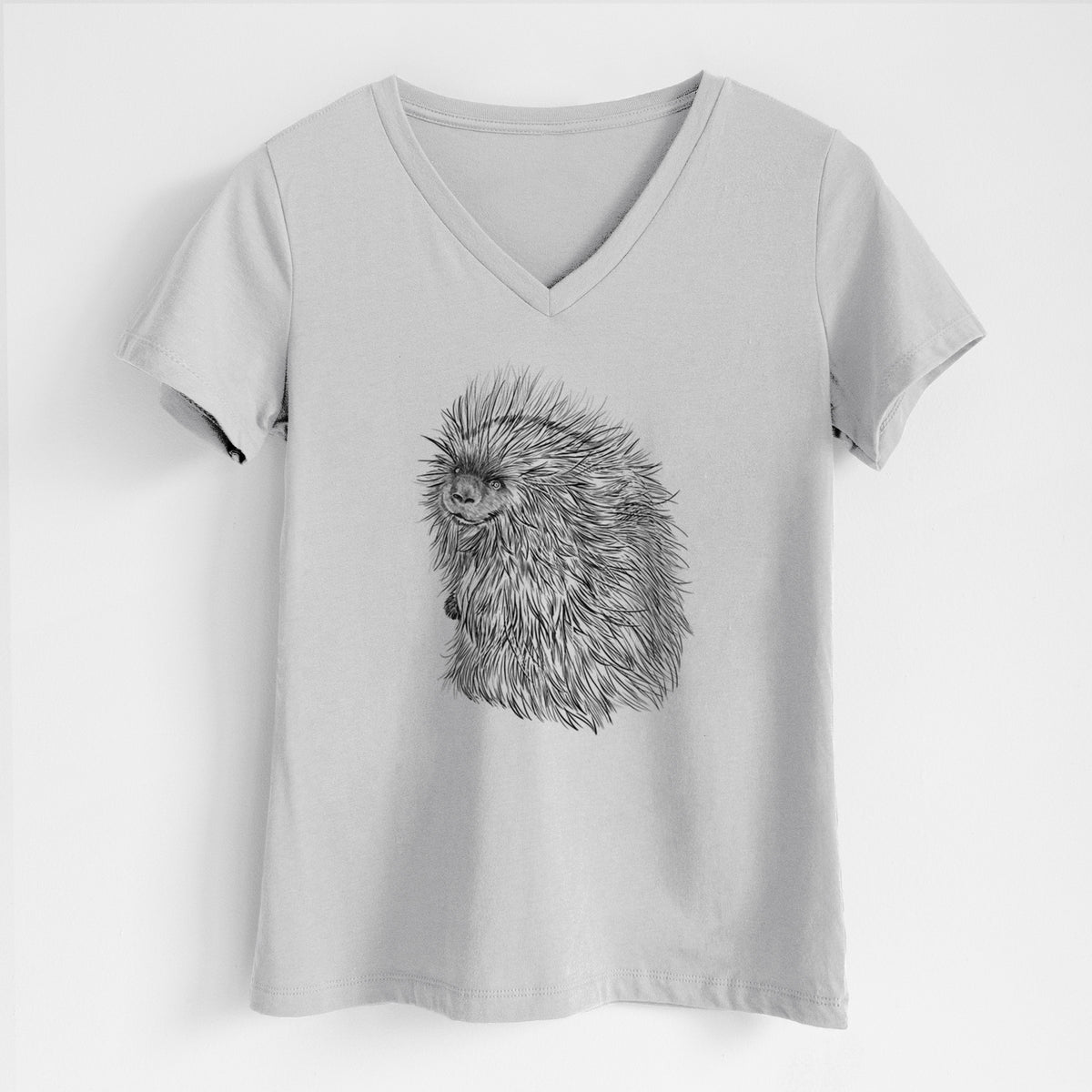 Lunar grey women's relaxed fit cotton V-neck t-shirt laid flat, printed with a detailed black ink illustration of a porcupine with its quills raised.