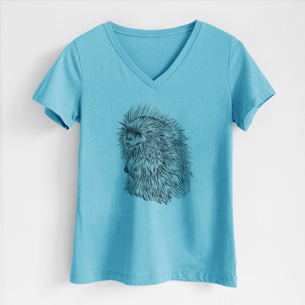 Turquoise women's relaxed fit cotton V-neck t-shirt laid flat, printed with a detailed black ink illustration of a porcupine with its quills raised.