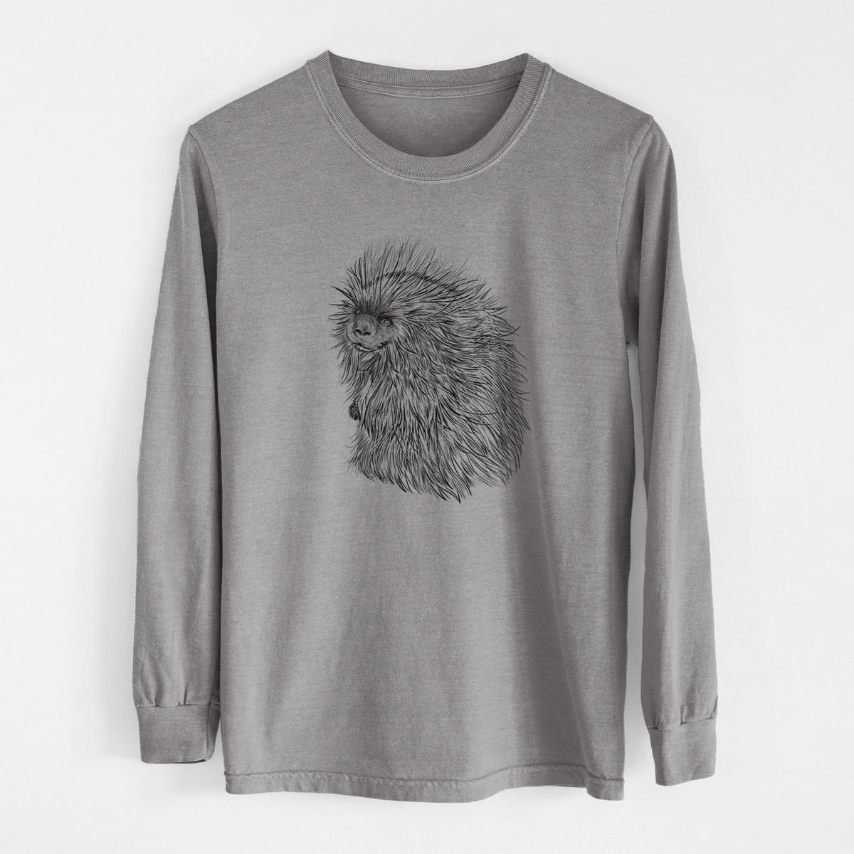 Grey Comfort Colors long sleeve shirt laid flat, printed with a detailed black ink illustration of a porcupine with its quills raised.