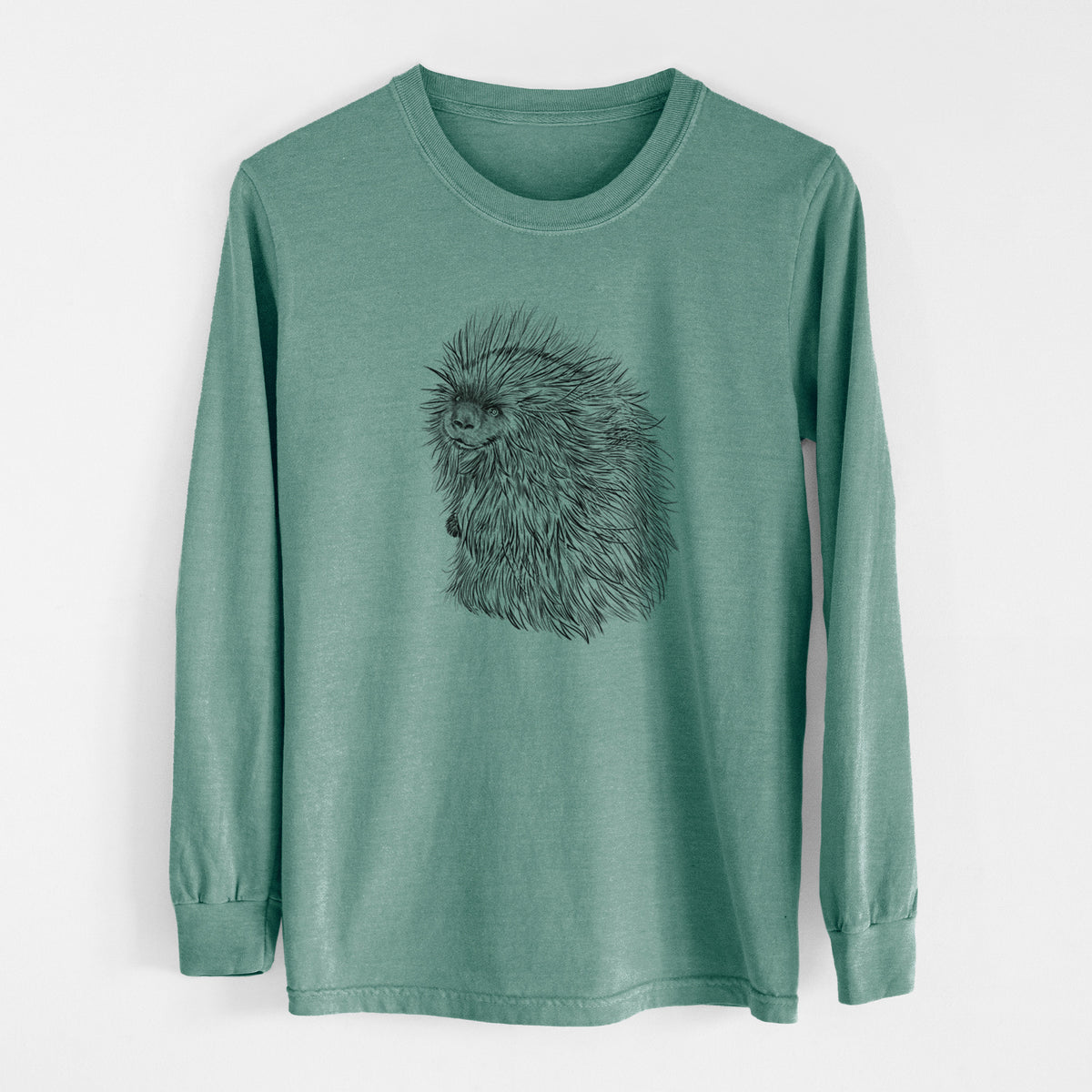 Pine green Comfort Colors long sleeve shirt laid flat, printed with a detailed black ink illustration of a porcupine with its quills raised.