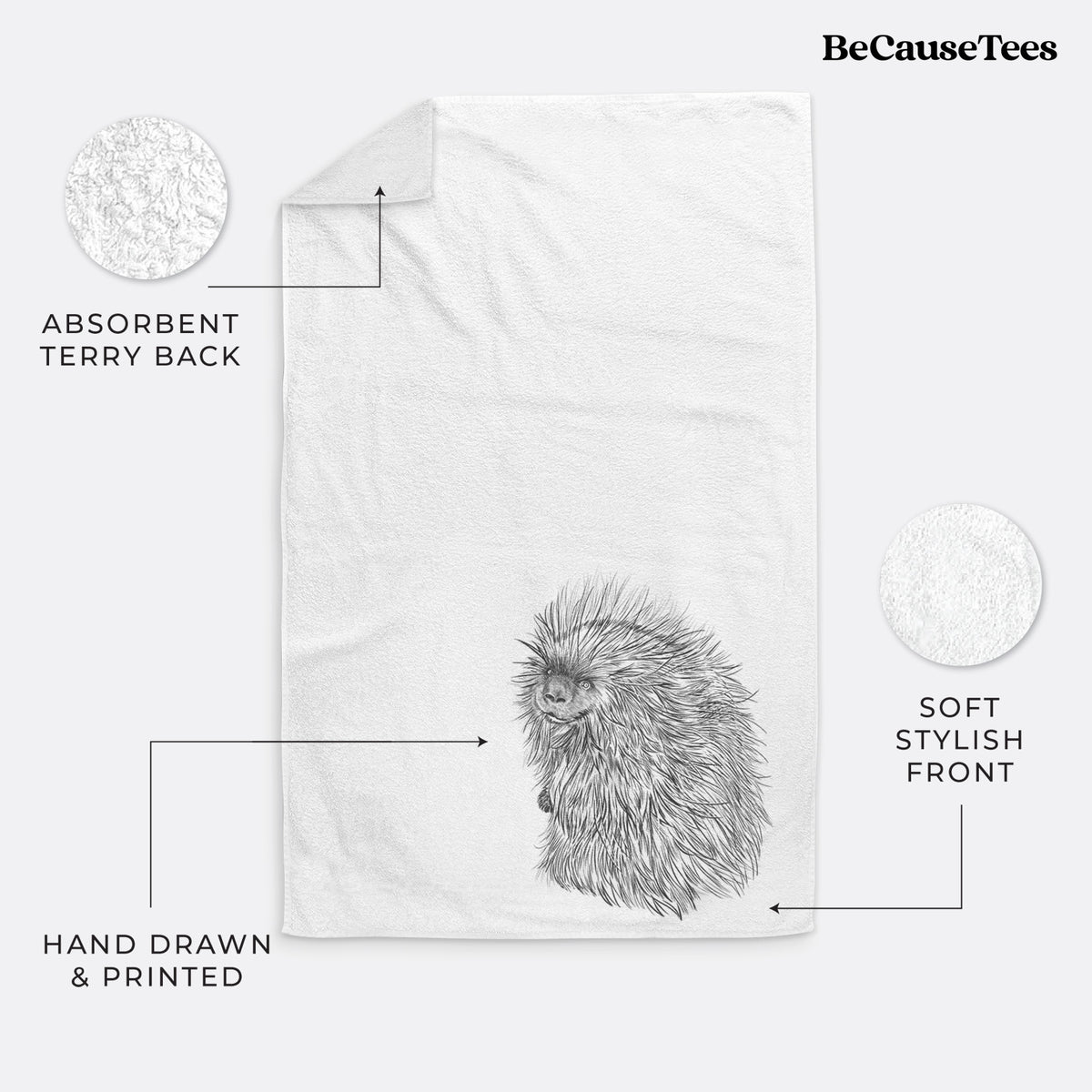White hand towel printed with a detailed black ink illustration of a porcupine with its quills raised.