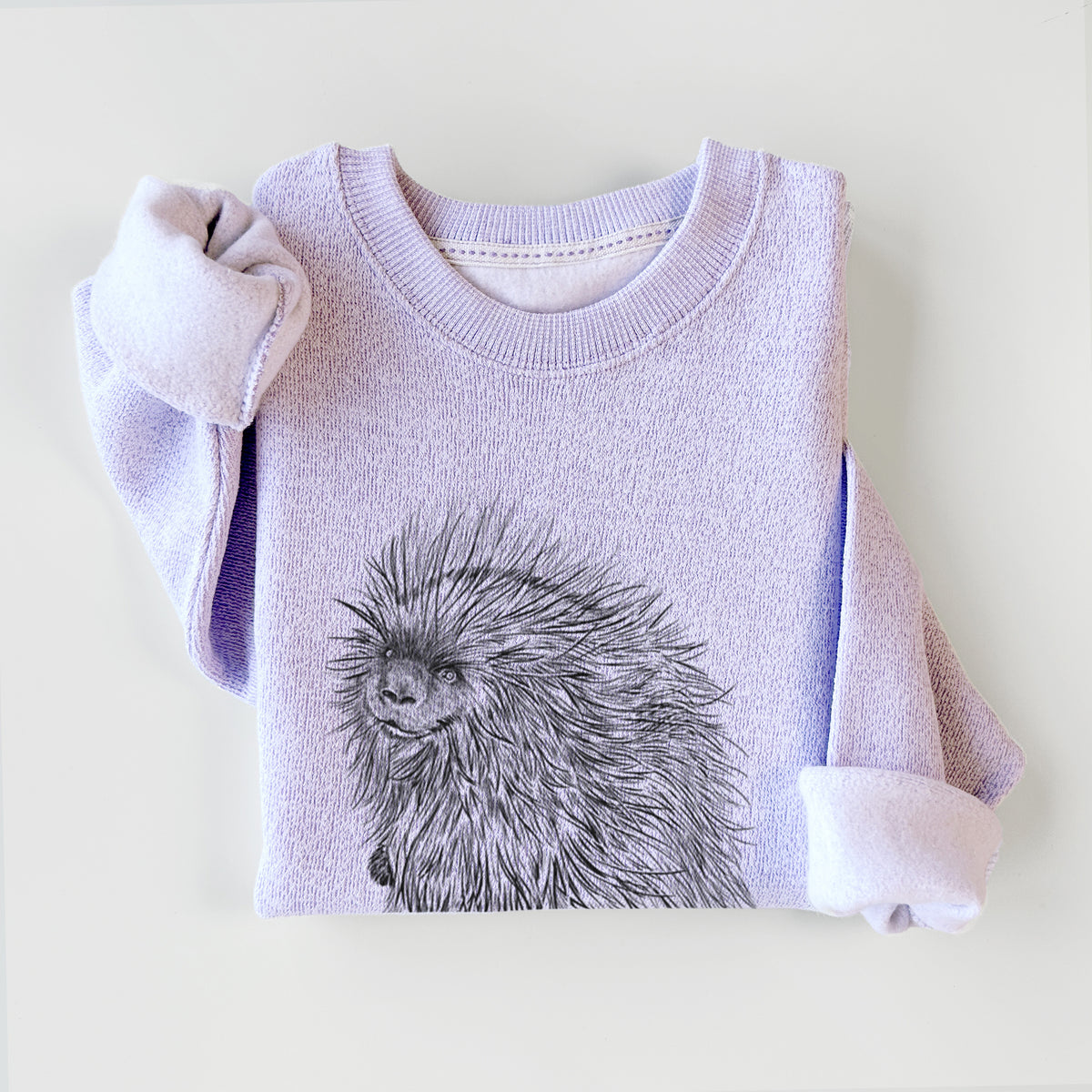 Ice purple knit sweatshirt printed with a detailed black ink illustration of a porcupine with its quills raised, styled flat.