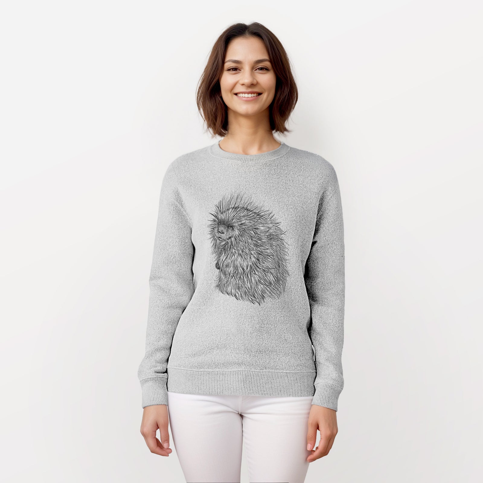Salt and pepper knit sweatshirt laid flat, printed with a detailed black ink illustration of a porcupine with its quills raised.