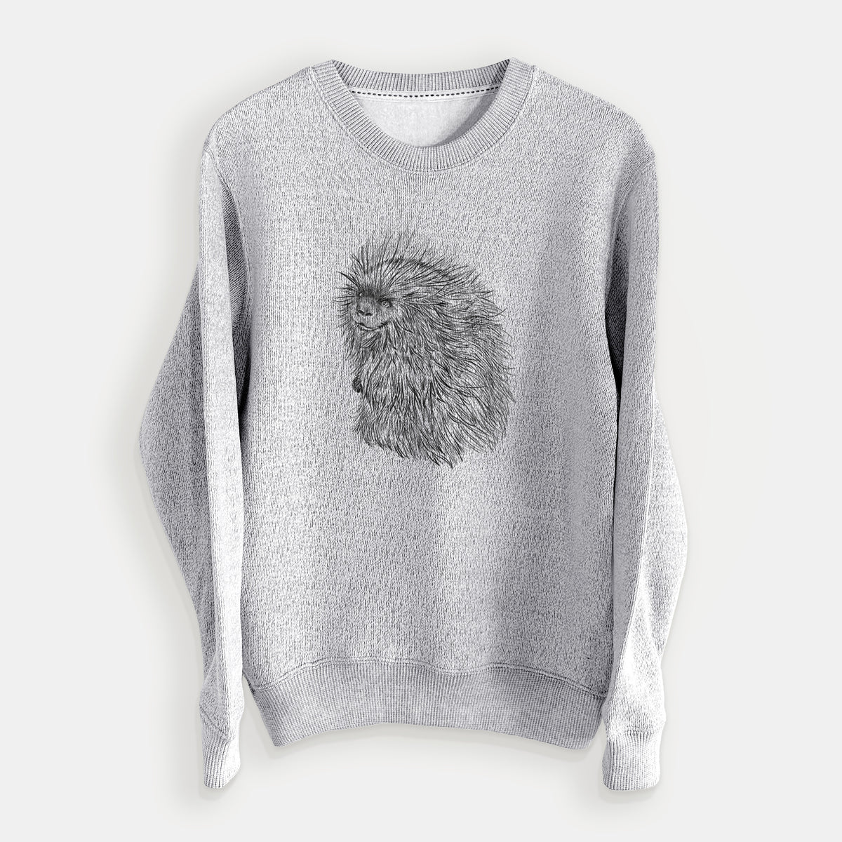Salt and pepper knit sweatshirt laid flat, printed with a detailed black ink illustration of a porcupine with its quills raised.