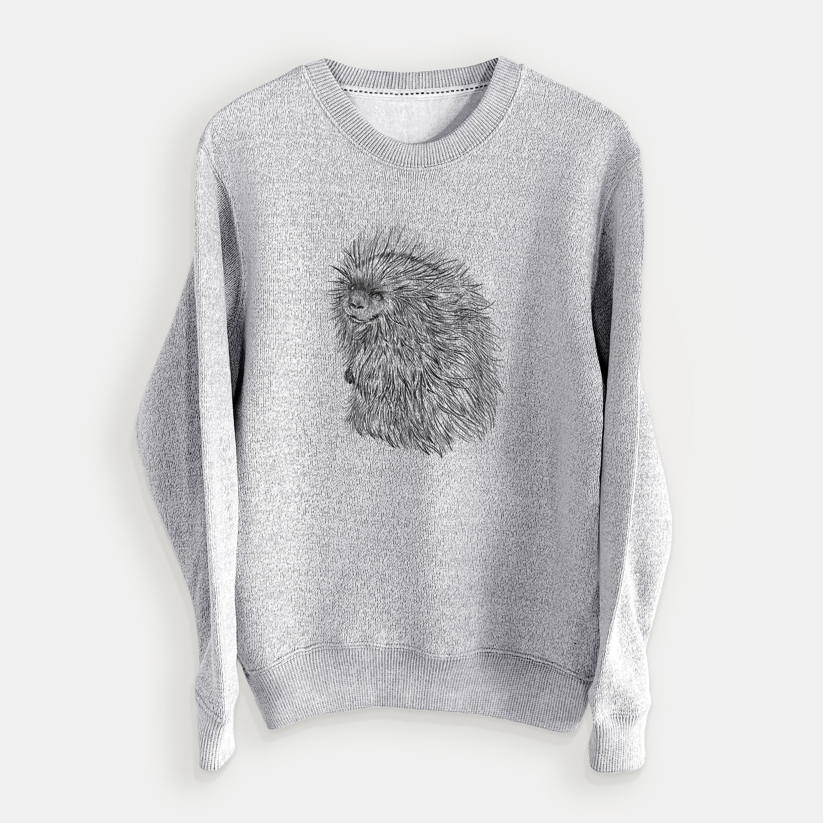 Salt and pepper knit sweatshirt laid flat, printed with a detailed black ink illustration of a porcupine with its quills raised.