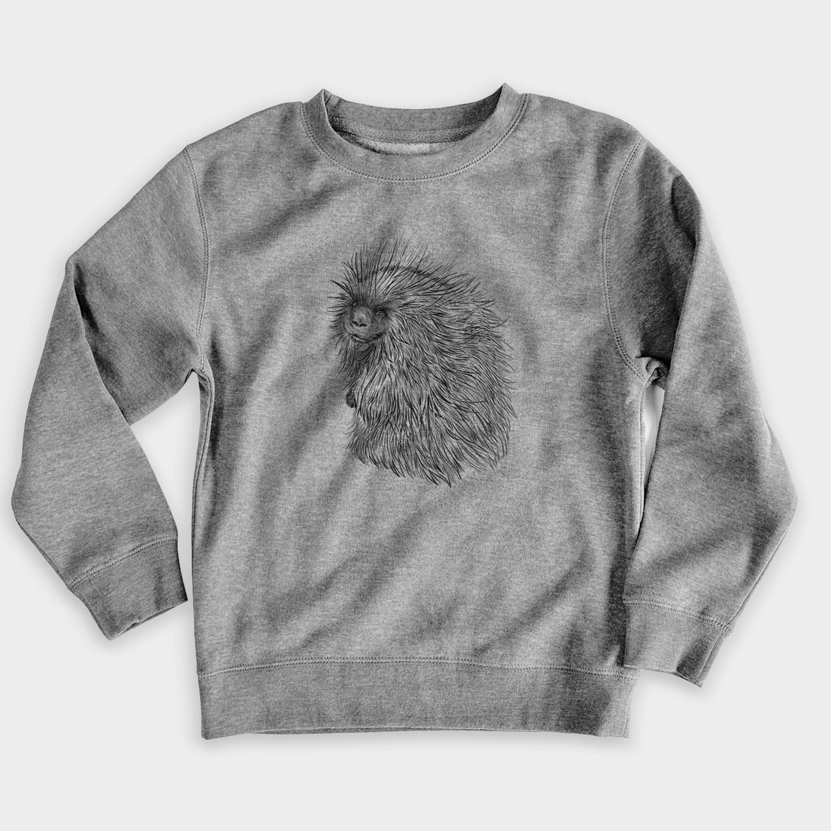 Nickel grey youth crewneck sweatshirt laid flat, printed with a detailed black ink illustration of a porcupine with its quills raised.