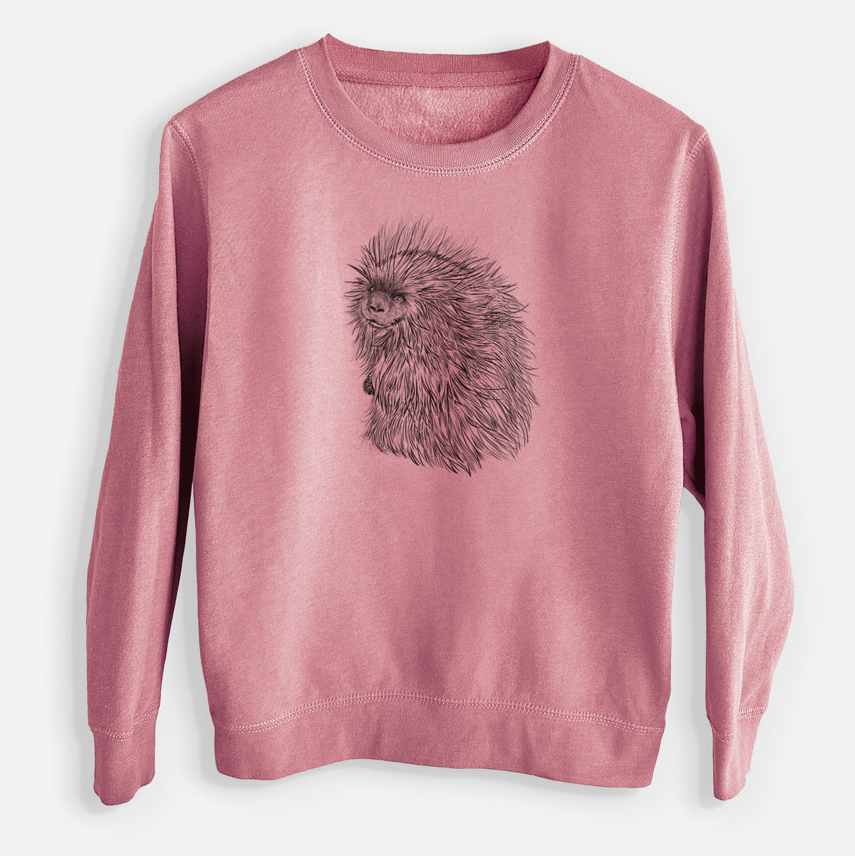 Mauve pink youth crewneck sweatshirt laid flat, printed with a detailed black ink illustration of a porcupine with its quills raised.