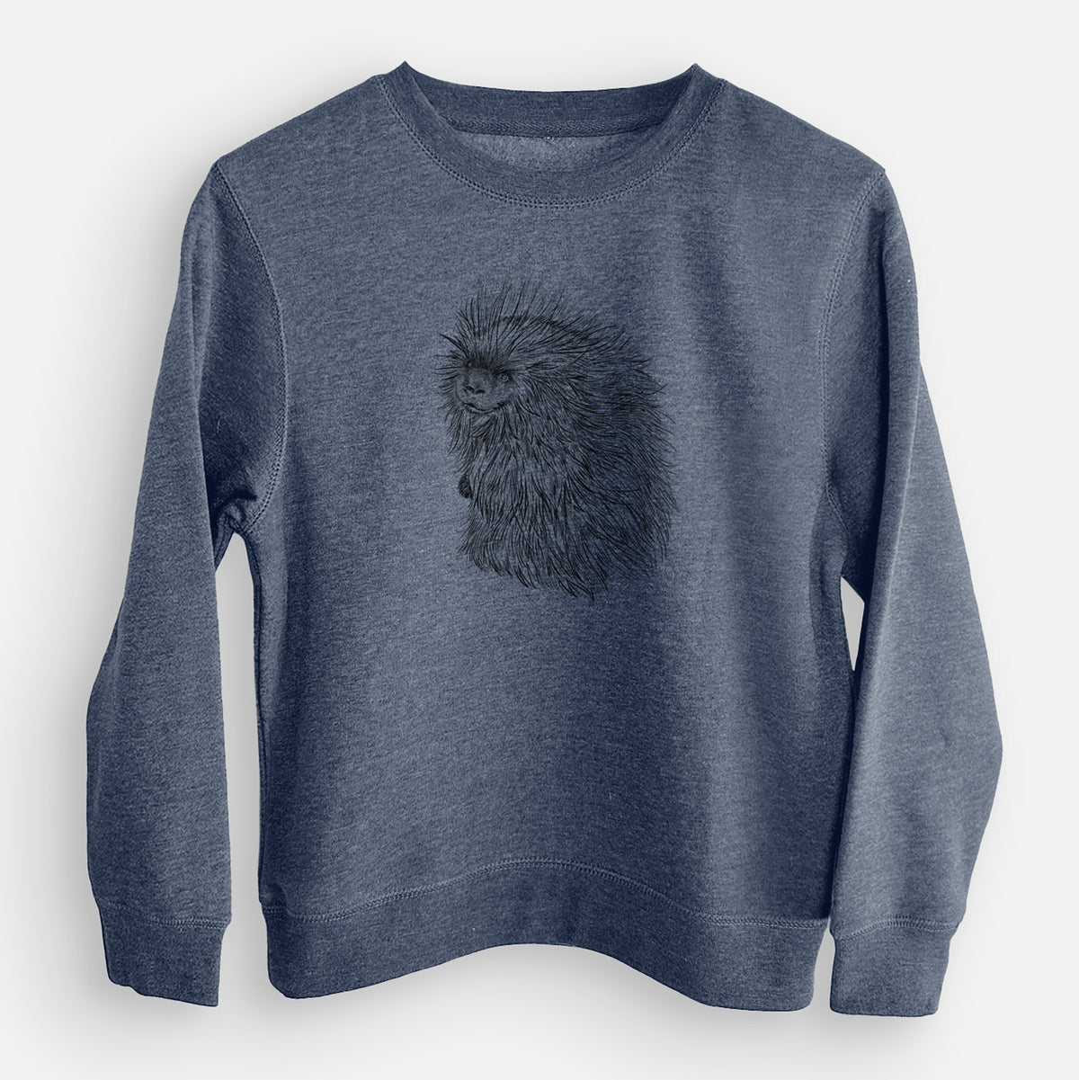 Storm blue youth crewneck sweatshirt laid flat, printed with a detailed black ink illustration of a porcupine with its quills raised.