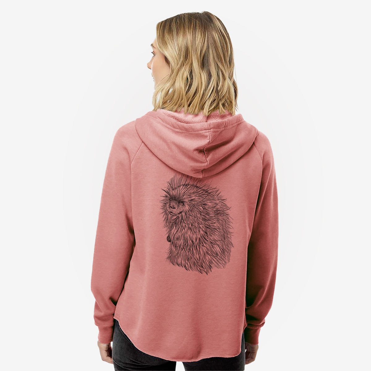 Woman wearing a dusty rose women's Cali Wave zip-up sweatshirt printed with a detailed black ink illustration of a porcupine with its quills raised, seen from behind.