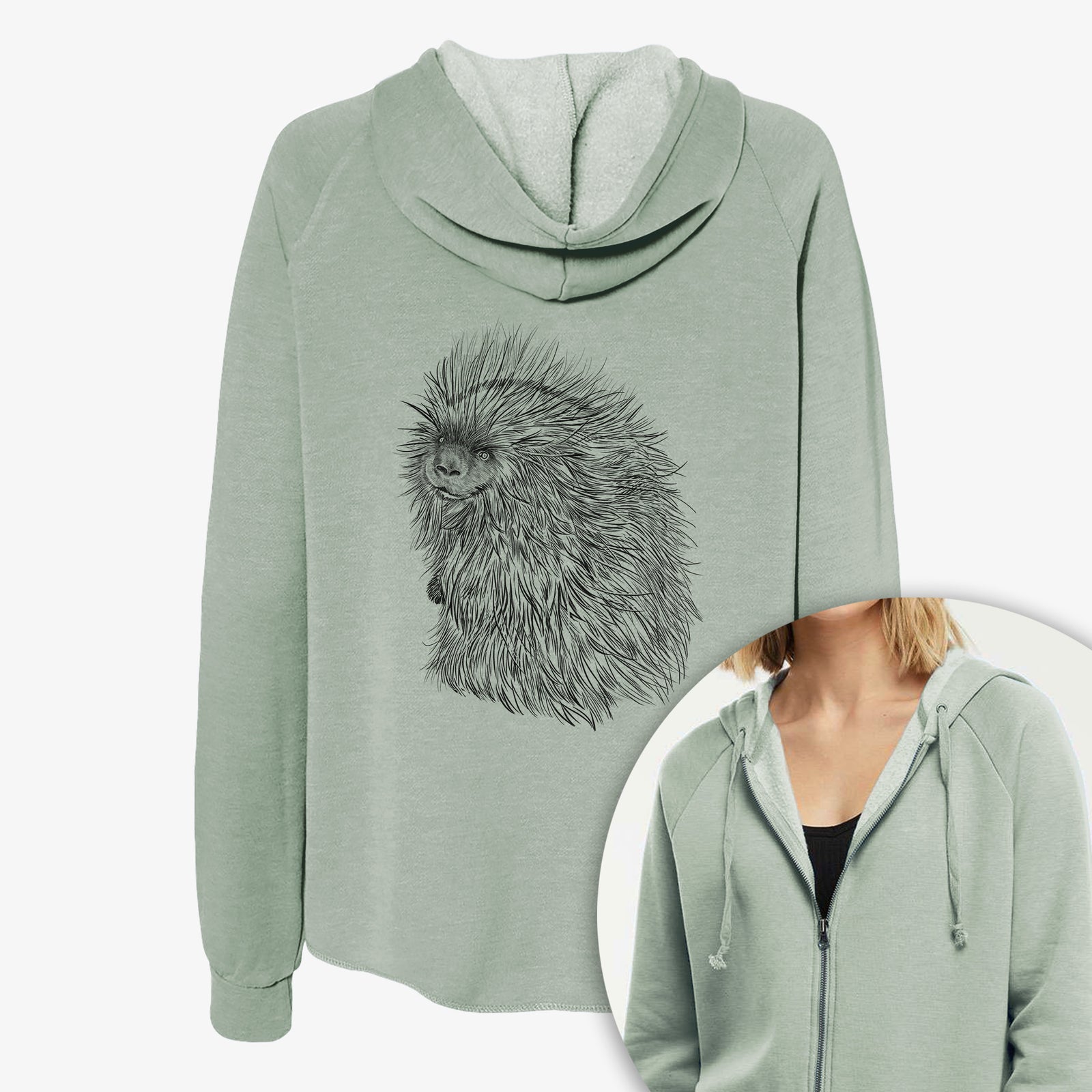 Women's Cali Wave zip-up sweatshirt printed with a detailed black ink illustration of a porcupine with its quills raised, with a close-up of the zipper.