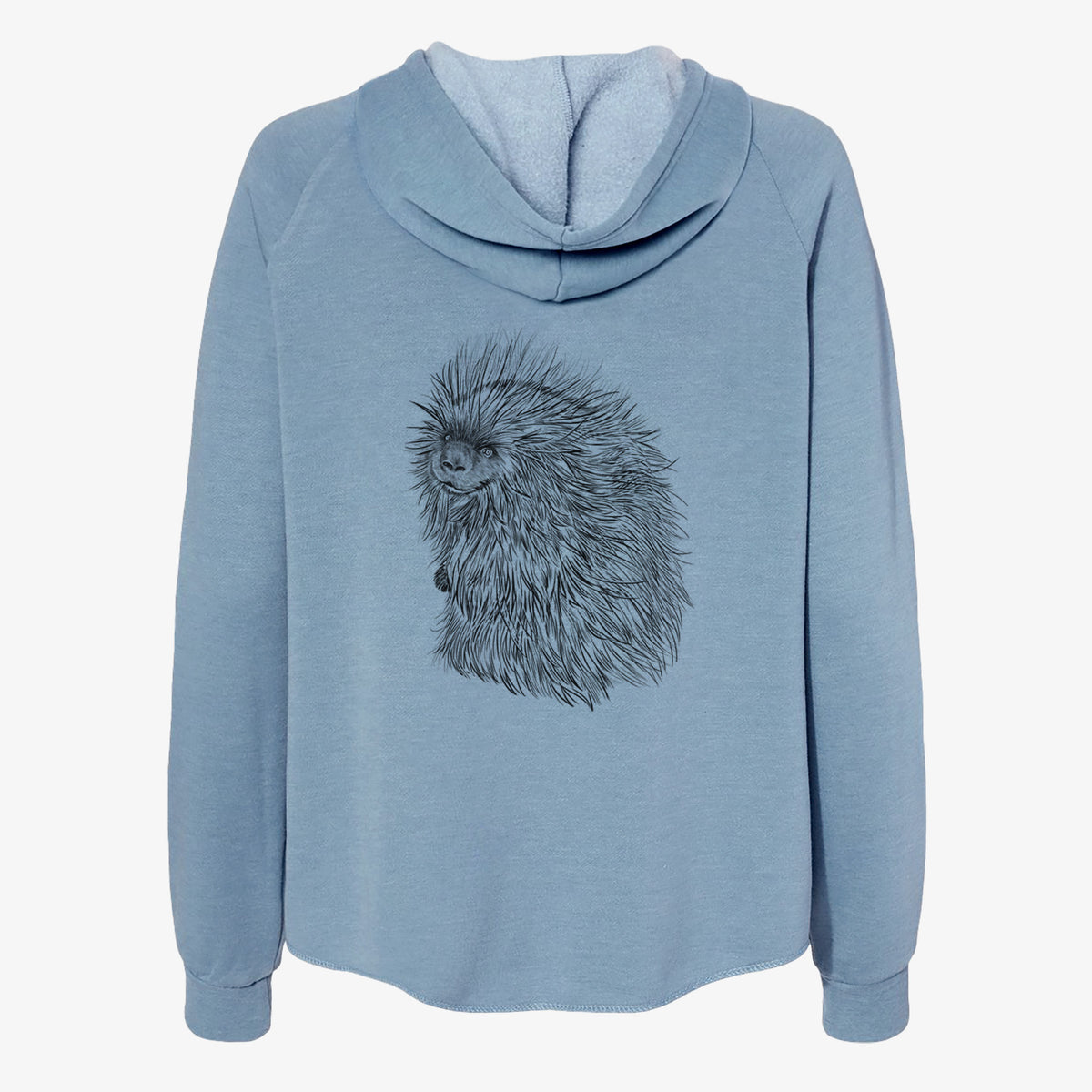 Misty blue women's Cali Wave zip-up sweatshirt laid flat, printed with a detailed black ink illustration of a porcupine with its quills raised.