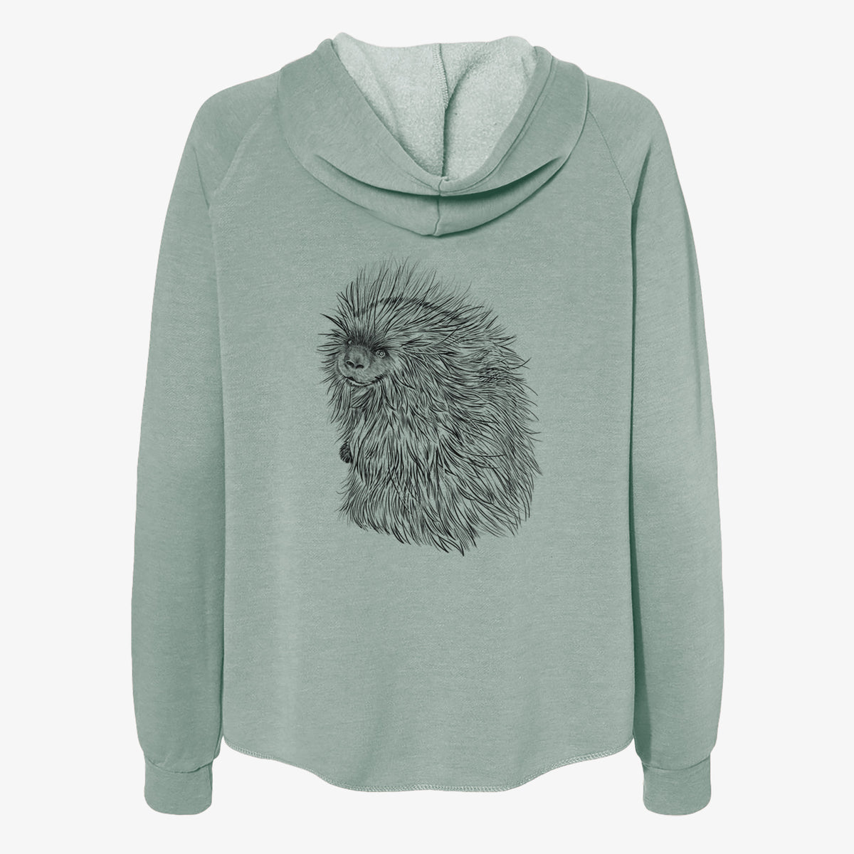 Sage green women's Cali Wave zip-up sweatshirt laid flat, printed with a detailed black ink illustration of a porcupine with its quills raised.