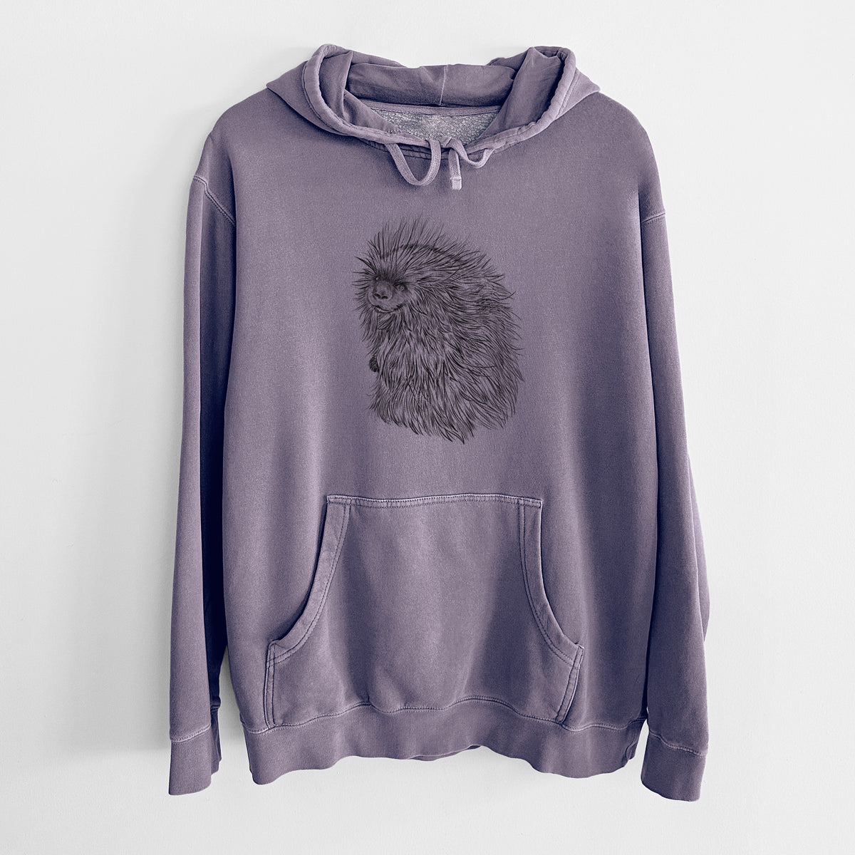 Plum purple pigment dyed hoodie laid flat, printed with a detailed black ink illustration of a porcupine with its quills raised.