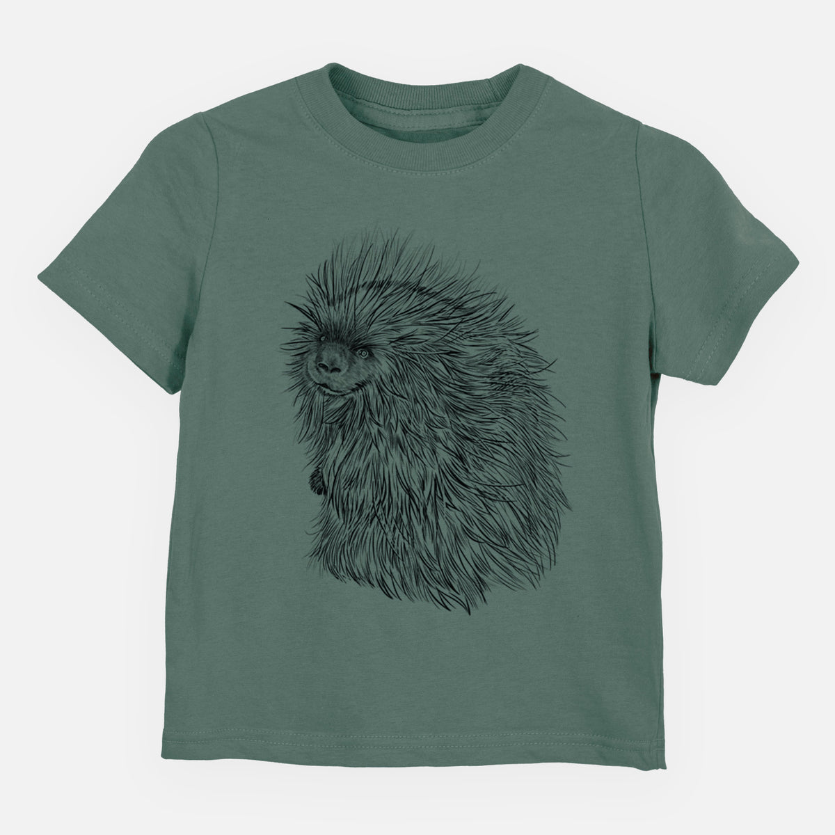 Basil green toddler t-shirt laid flat, printed with a detailed black ink illustration of a porcupine with its quills raised.