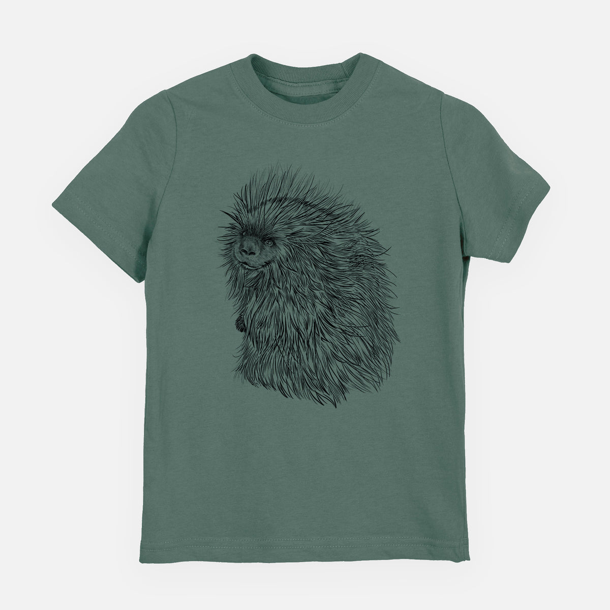 Basil green youth t-shirt laid flat, printed with a detailed black ink illustration of a porcupine with its quills raised.