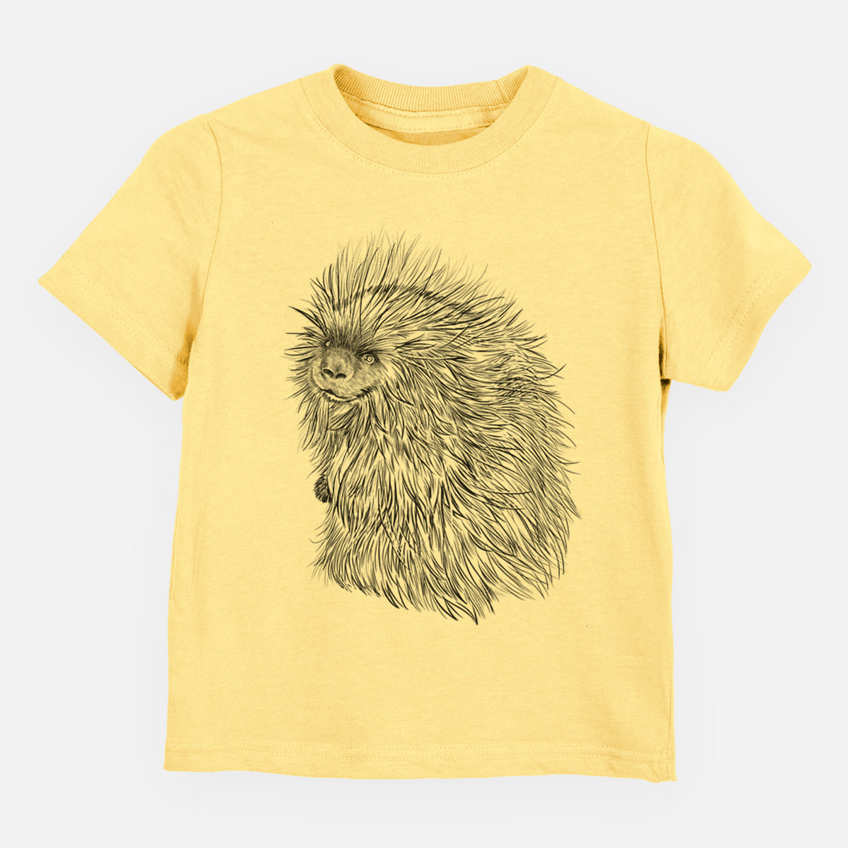 Butter yellow toddler t-shirt laid flat, printed with a detailed black ink illustration of a porcupine with its quills raised.
