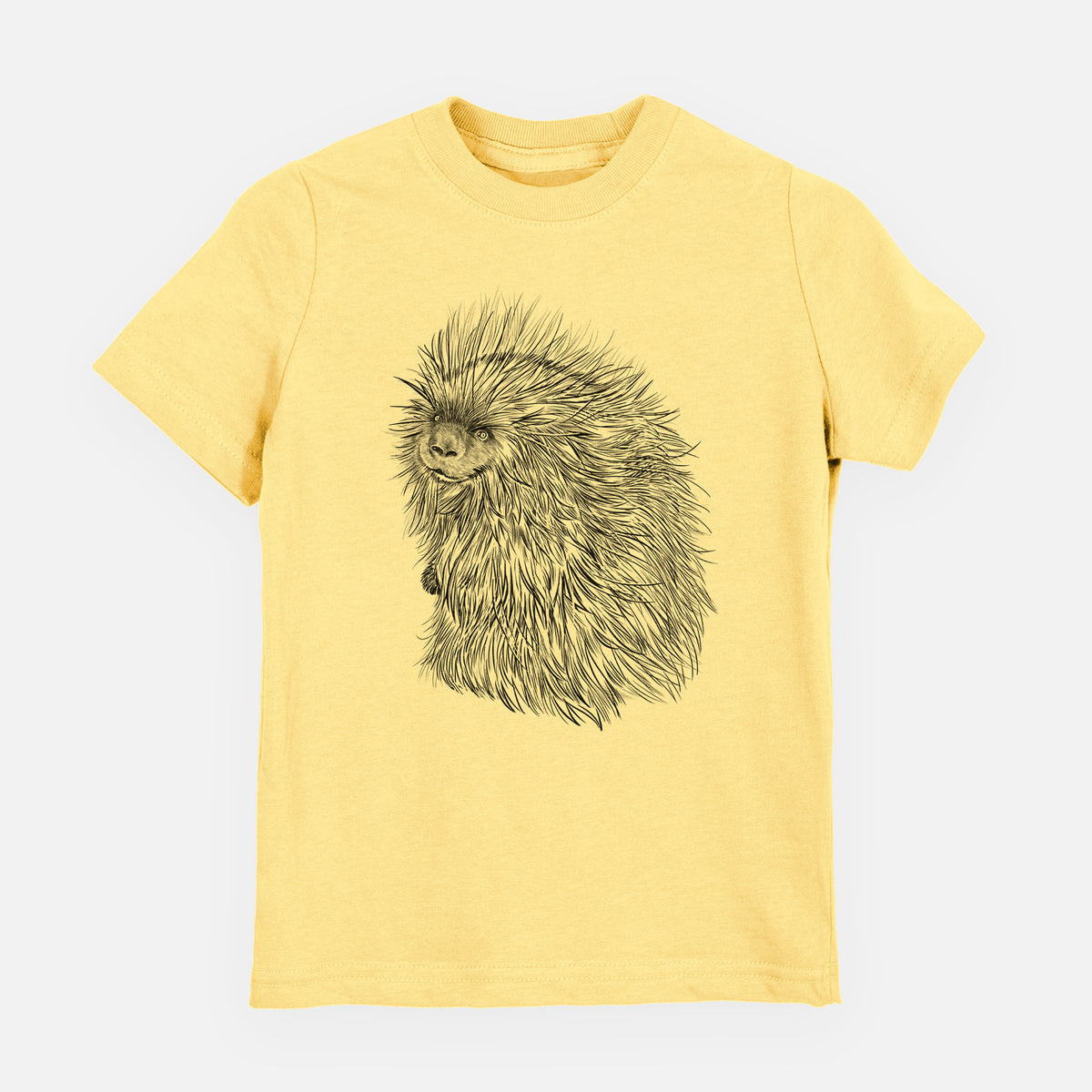Butter yellow youth t-shirt laid flat, printed with a detailed black ink illustration of a porcupine with its quills raised.