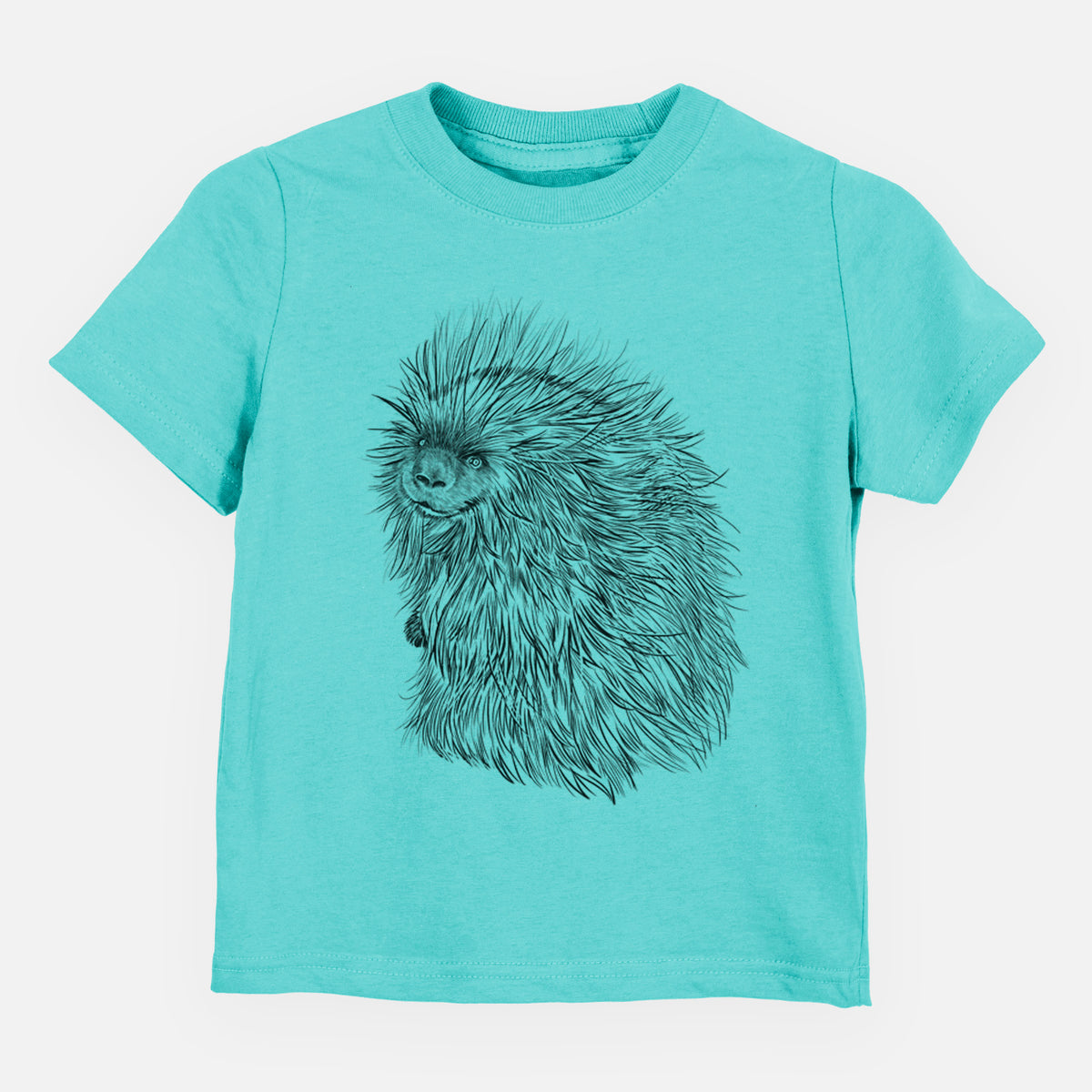 Caribbean blue toddler t-shirt laid flat, printed with a detailed black ink illustration of a porcupine with its quills raised.