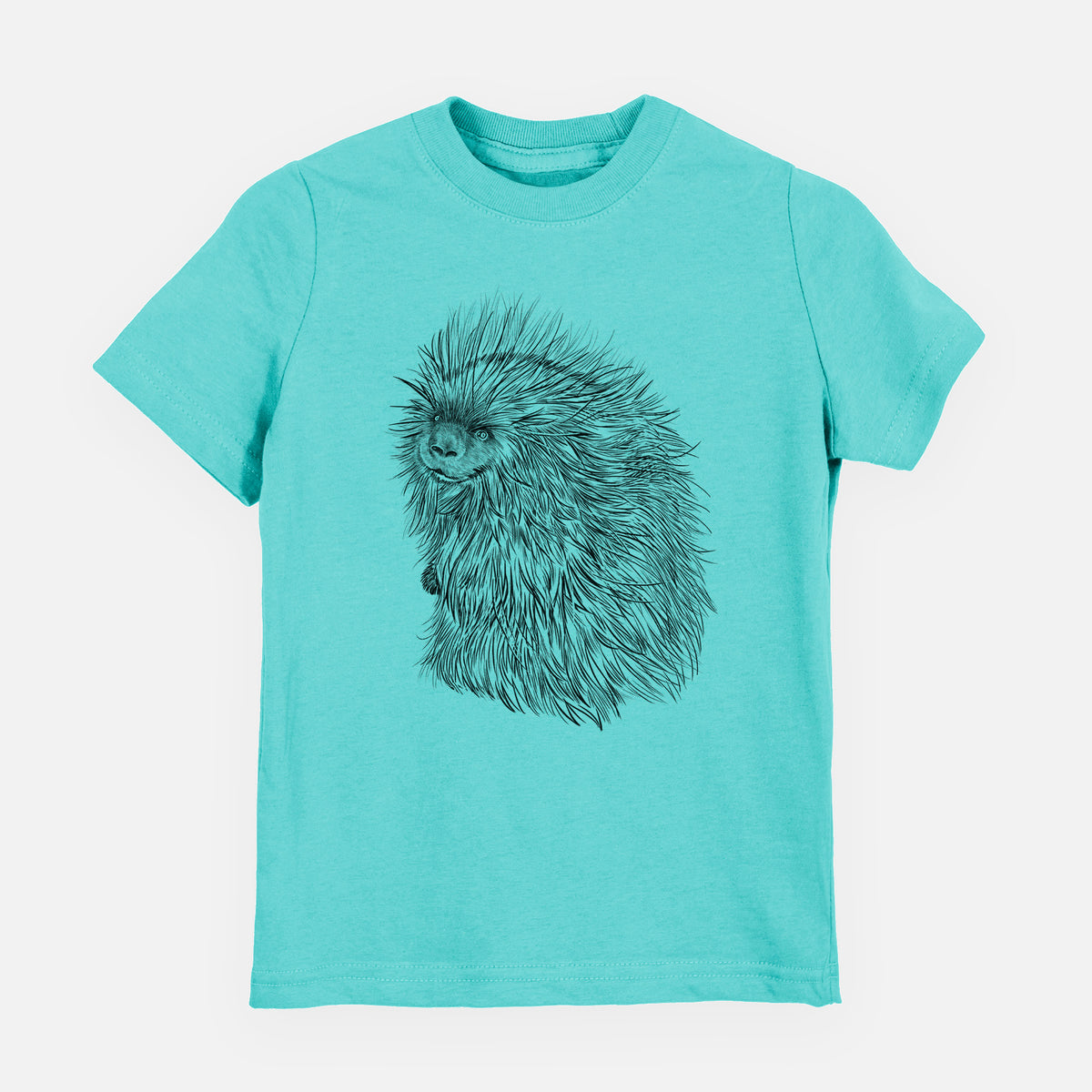 Caribbean blue youth t-shirt laid flat, printed with a detailed black ink illustration of a porcupine with its quills raised.