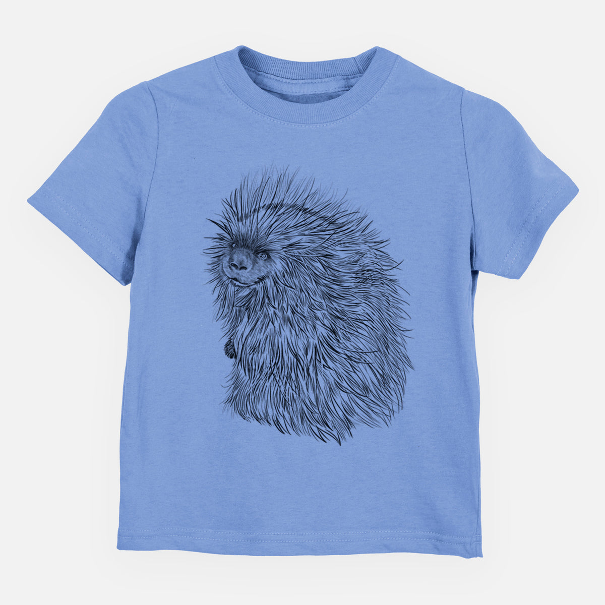 Carolina blue toddler t-shirt laid flat, printed with a detailed black ink illustration of a porcupine with its quills raised.