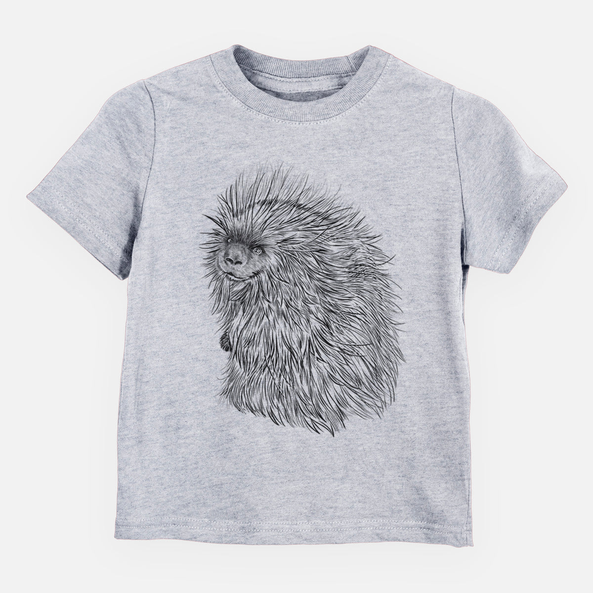 Heather grey toddler t-shirt laid flat, printed with a detailed black ink illustration of a porcupine with its quills raised.
