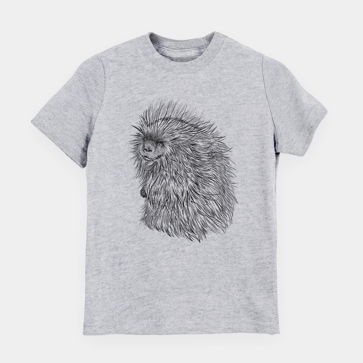 Heather grey youth t-shirt laid flat, printed with a detailed black ink illustration of a porcupine with its quills raised.