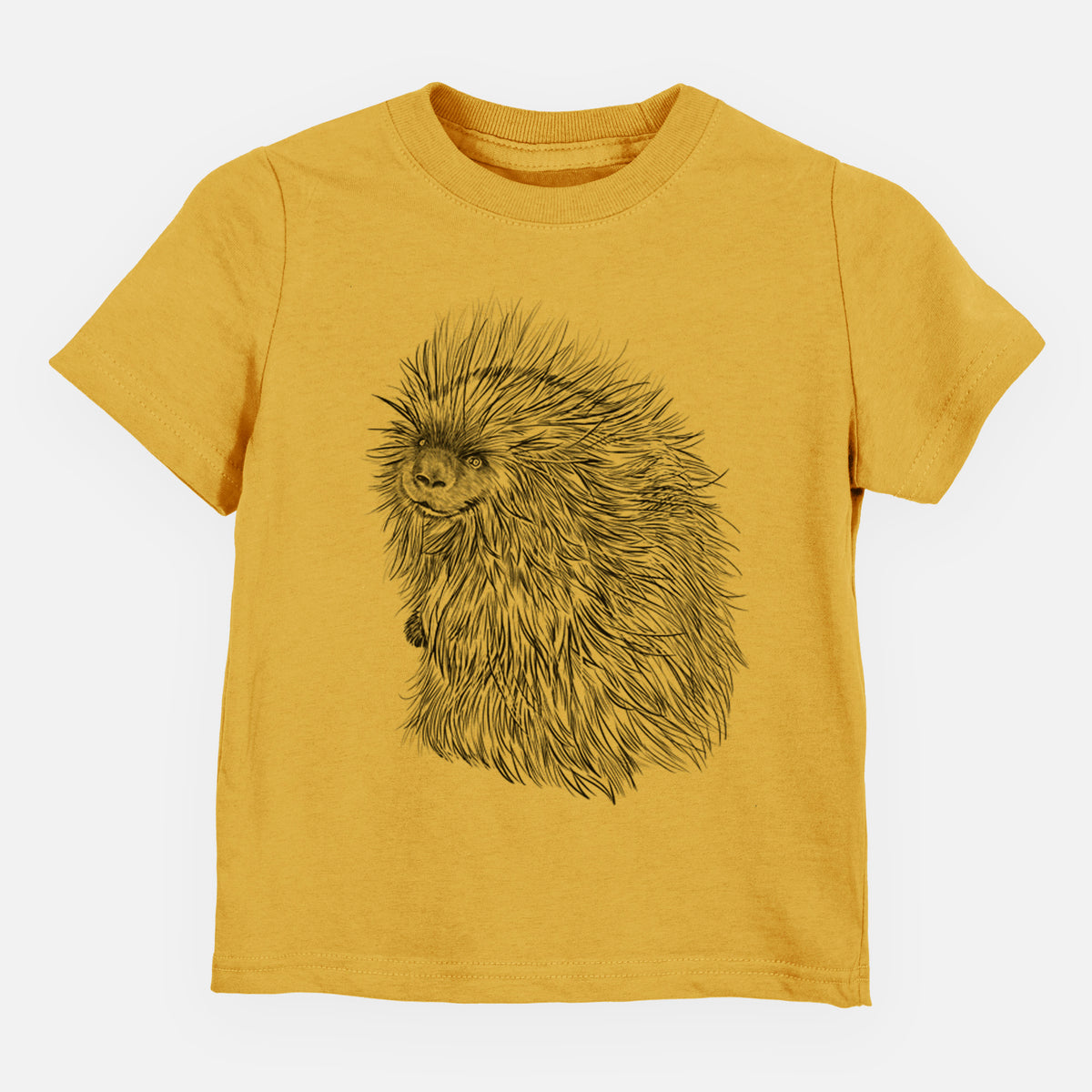 Honeycomb yellow toddler t-shirt laid flat, printed with a detailed black ink illustration of a porcupine with its quills raised.