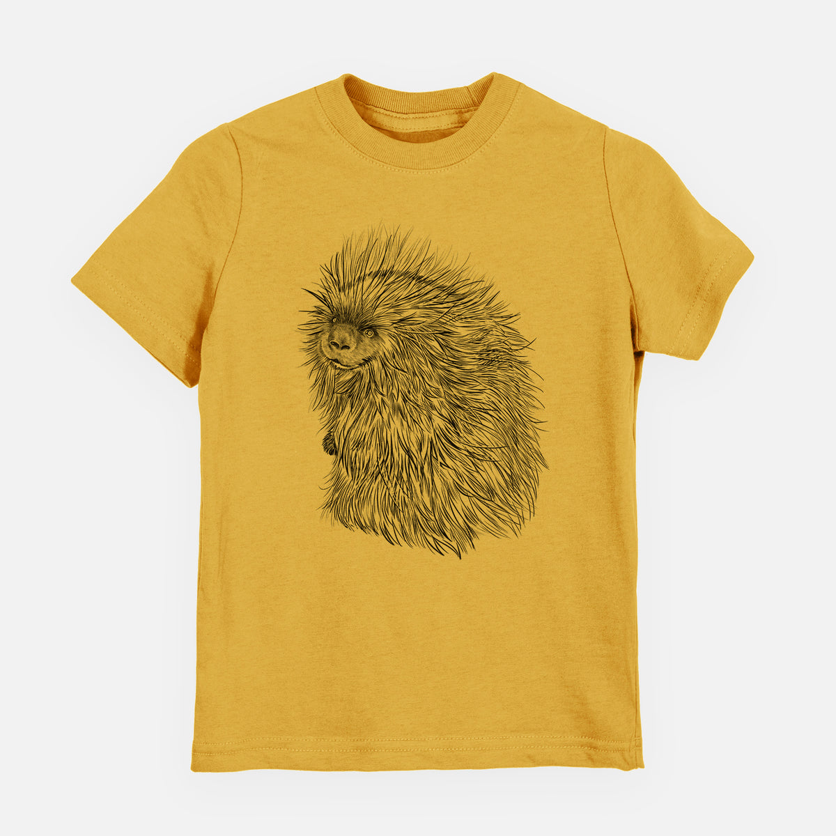 Honeycomb yellow youth t-shirt laid flat, printed with a detailed black ink illustration of a porcupine with its quills raised.