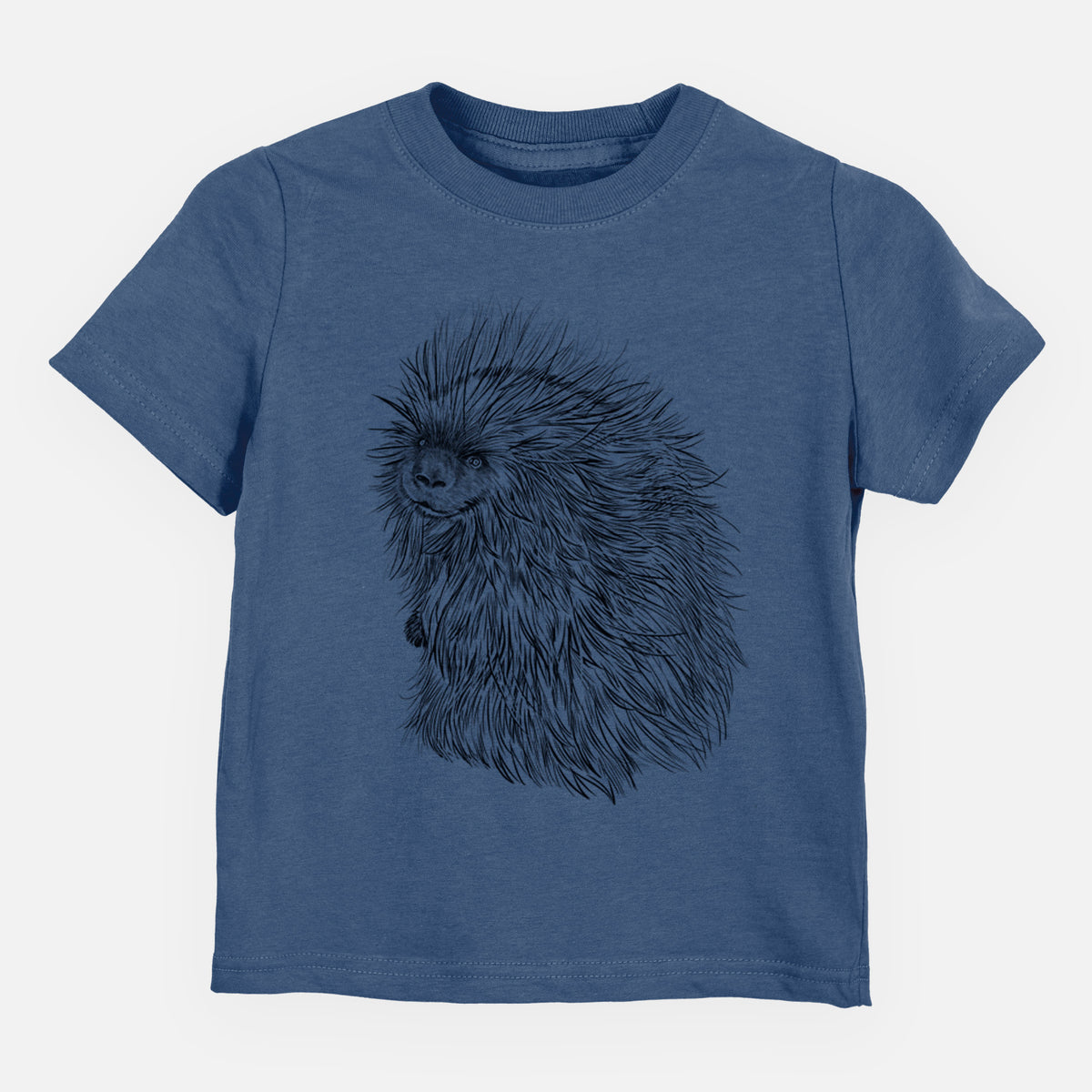 Indigo blue toddler t-shirt laid flat, printed with a detailed black ink illustration of a porcupine with its quills raised.