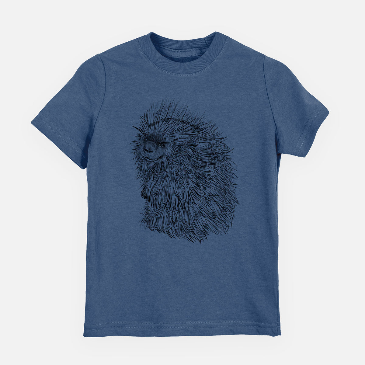 Indigo blue youth t-shirt laid flat, printed with a detailed black ink illustration of a porcupine with its quills raised.
