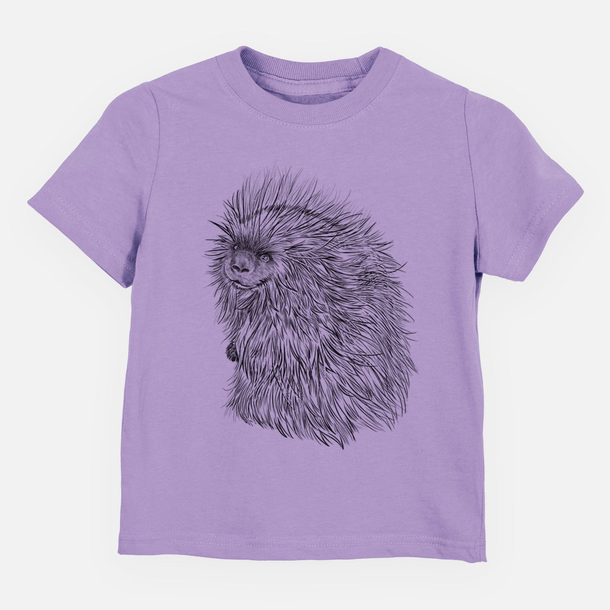 Lavender toddler t-shirt laid flat, printed with a detailed black ink illustration of a porcupine with its quills raised.