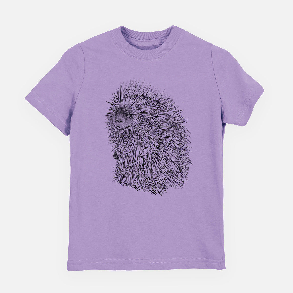Lavender youth t-shirt laid flat, printed with a detailed black ink illustration of a porcupine with its quills raised.