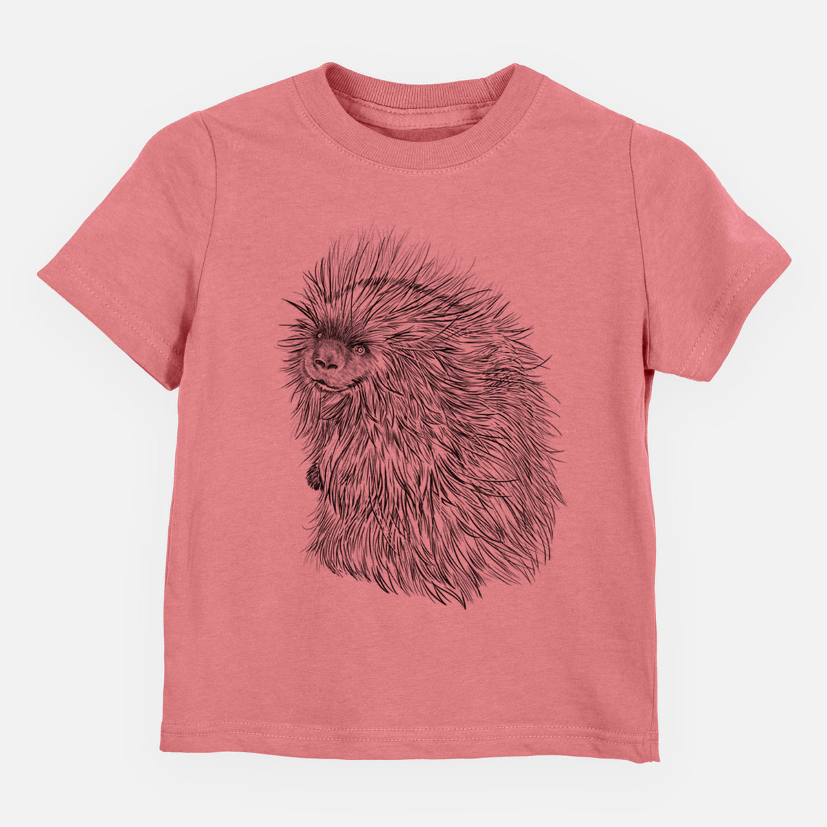 Mauve pink toddler t-shirt laid flat, printed with a detailed black ink illustration of a porcupine with its quills raised.