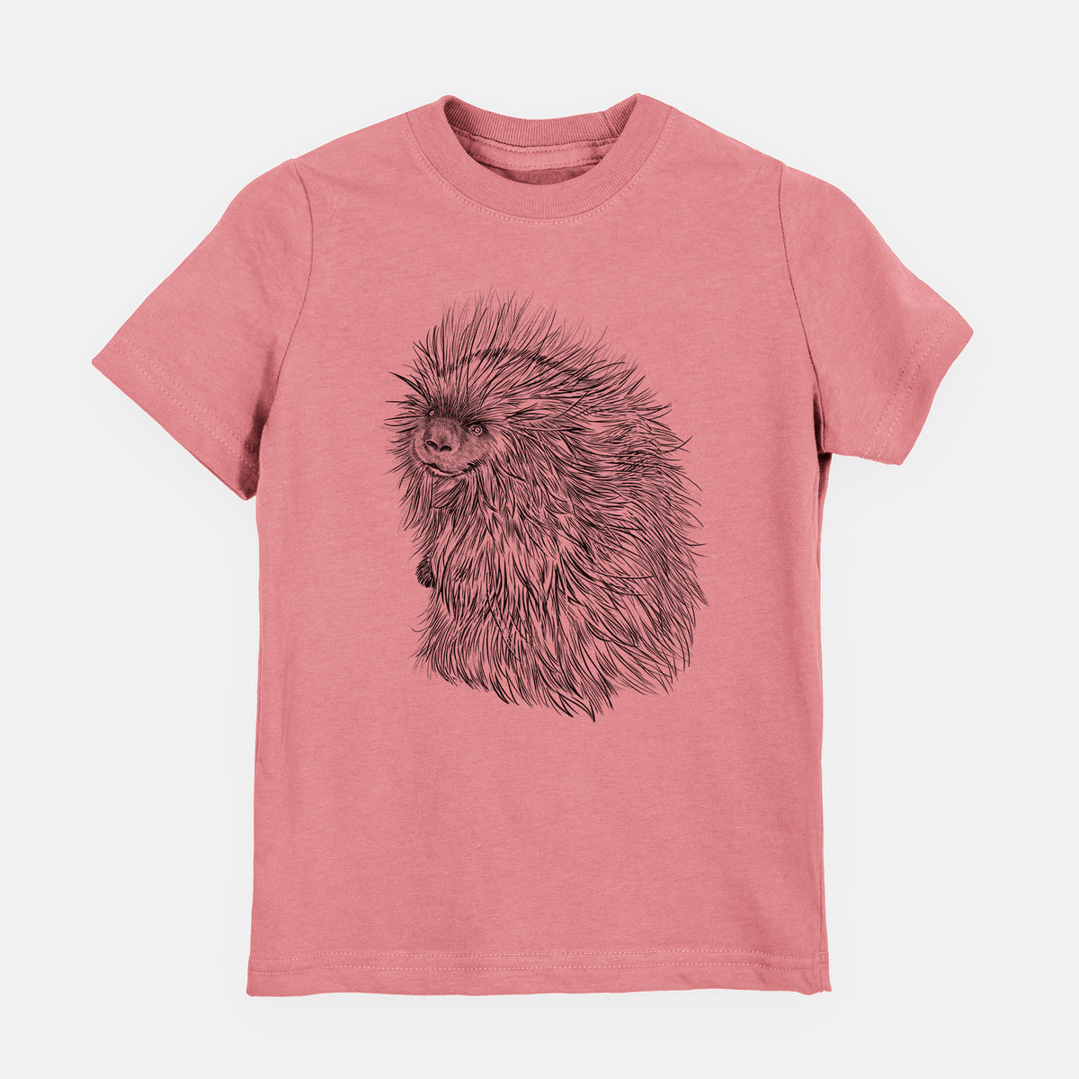 Mauve pink youth t-shirt laid flat, printed with a detailed black ink illustration of a porcupine with its quills raised.