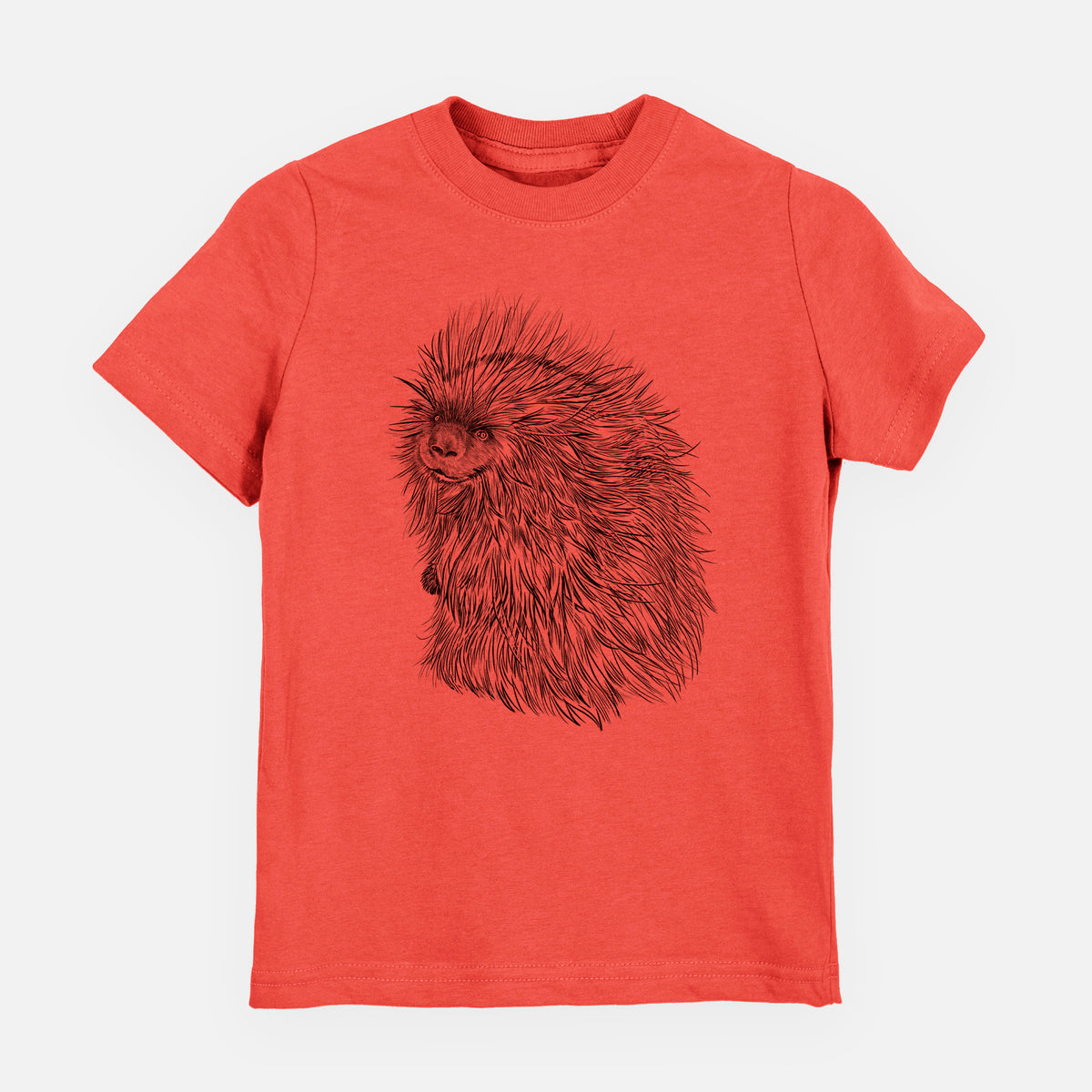 Passionfruit pink youth t-shirt laid flat, printed with a detailed black ink illustration of a porcupine with its quills raised.