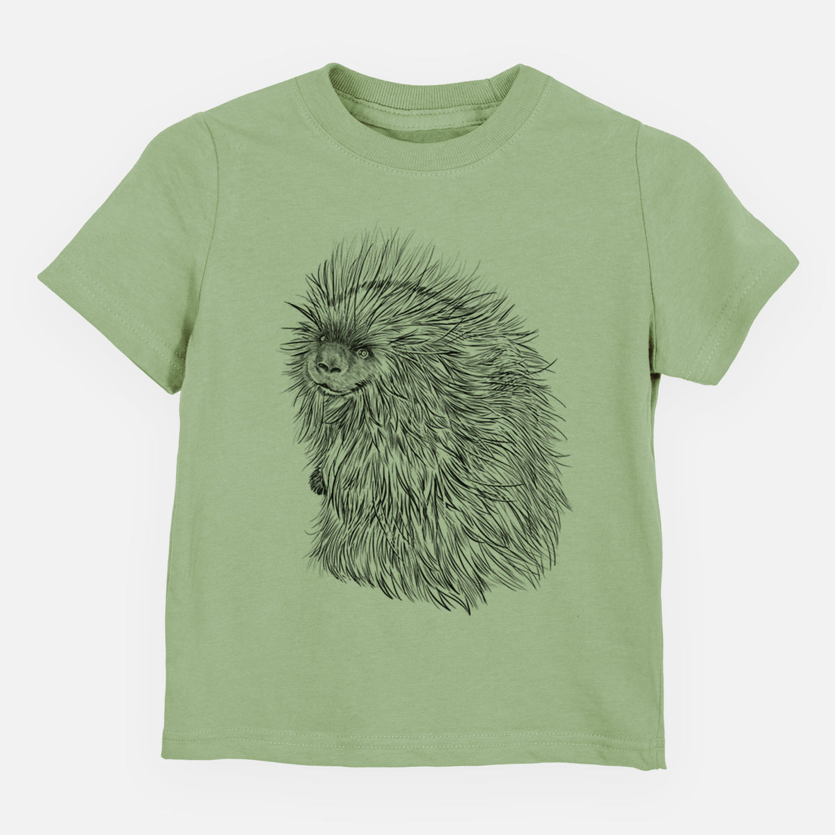 Sage green toddler t-shirt laid flat, printed with a detailed black ink illustration of a porcupine with its quills raised.