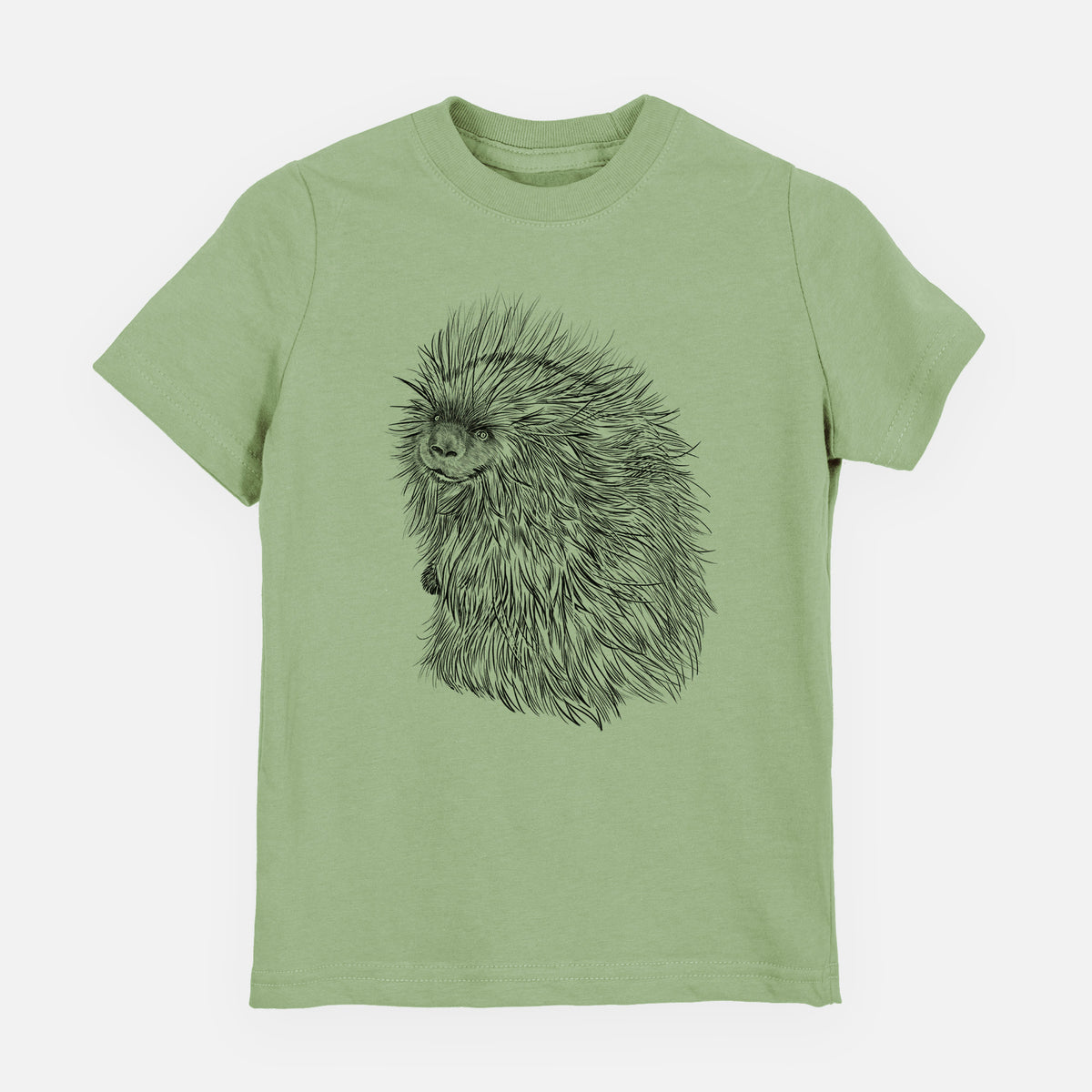 Sage green youth t-shirt laid flat, printed with a detailed black ink illustration of a porcupine with its quills raised.
