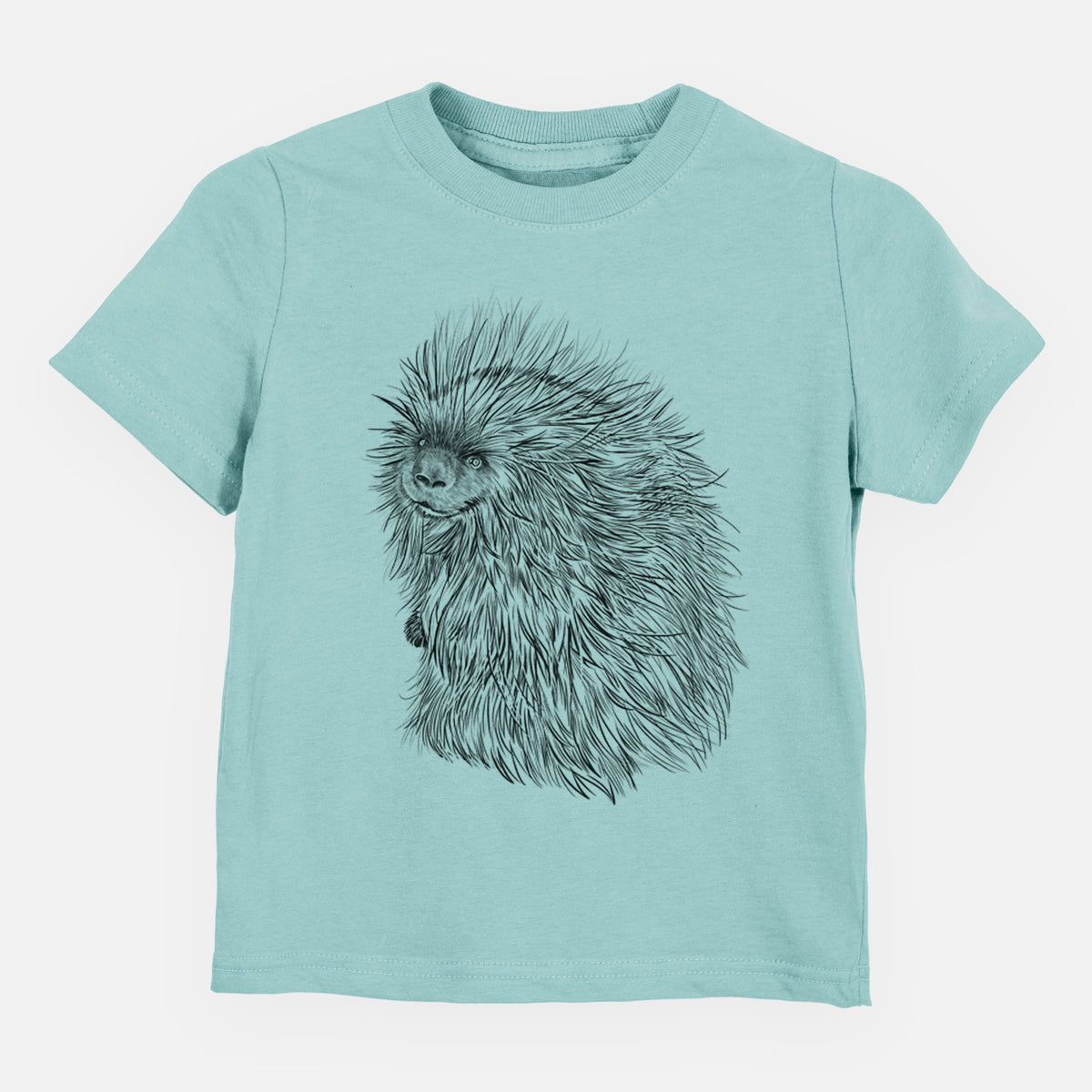 Saltwater toddler t-shirt laid flat, printed with a detailed black ink illustration of a porcupine with its quills raised.