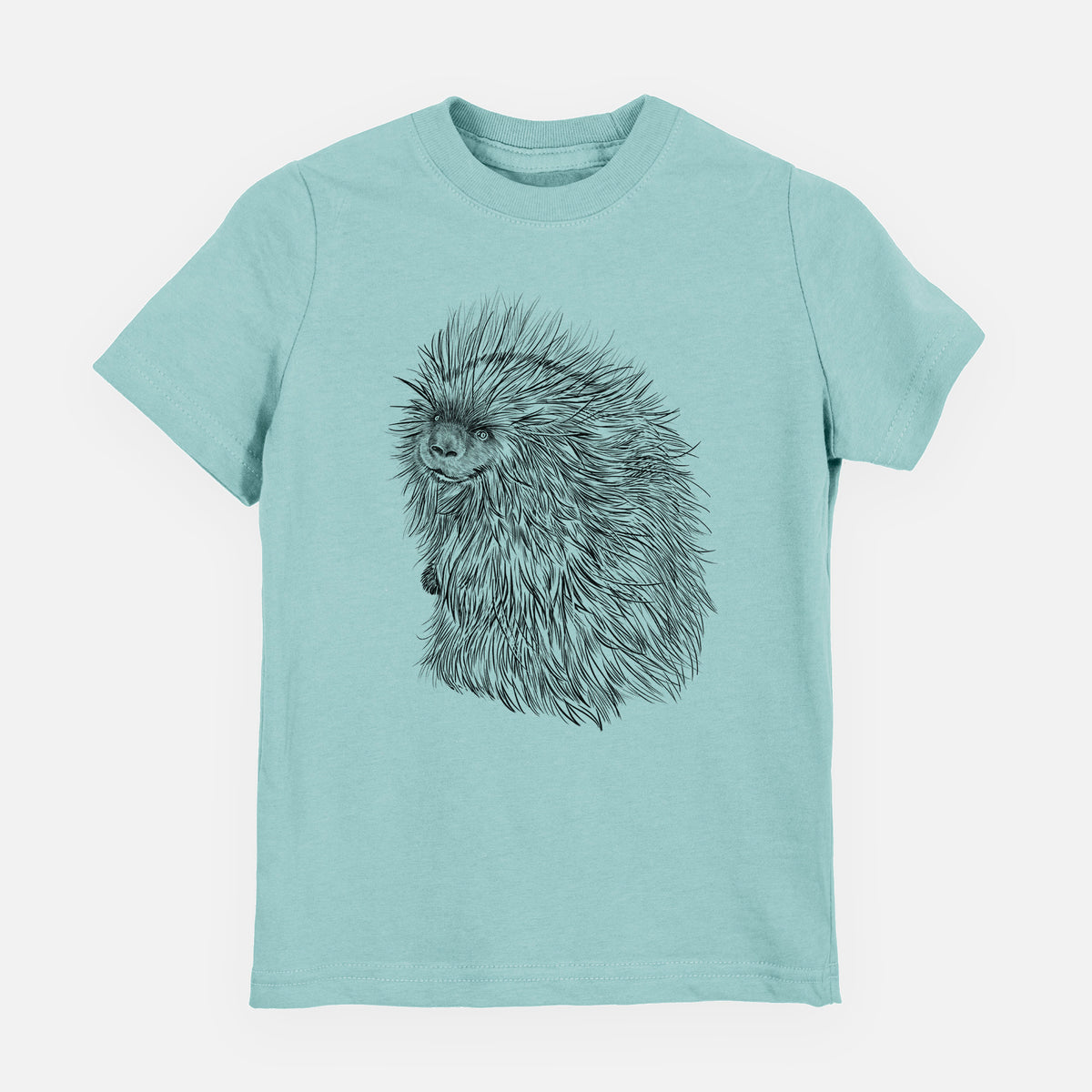 Saltwater youth t-shirt laid flat, printed with a detailed black ink illustration of a porcupine with its quills raised.