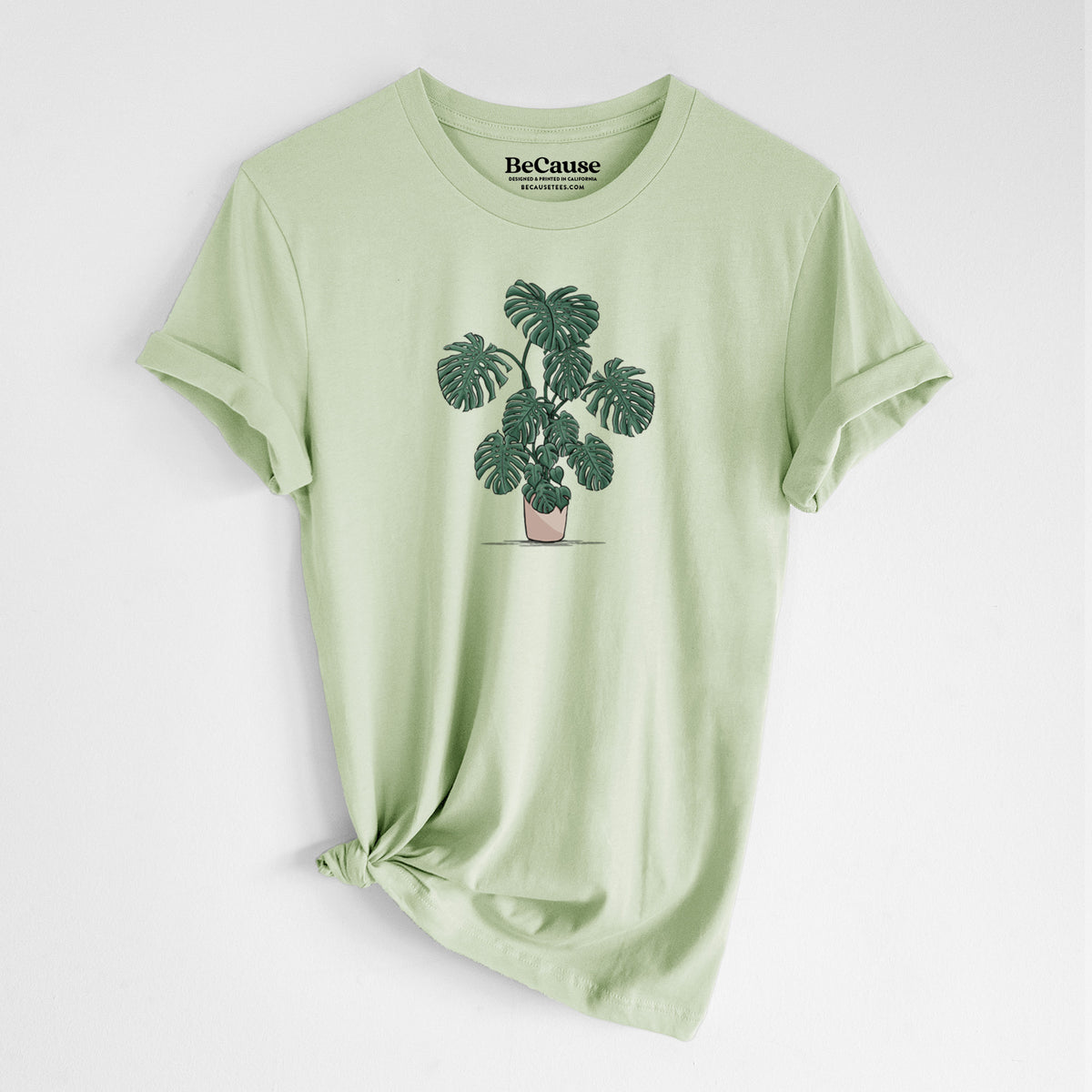 Spring green lightweight cotton t-shirt laid flat with the sleeves rolled, printed with a full-color illustration of a large potted Monstera plant.