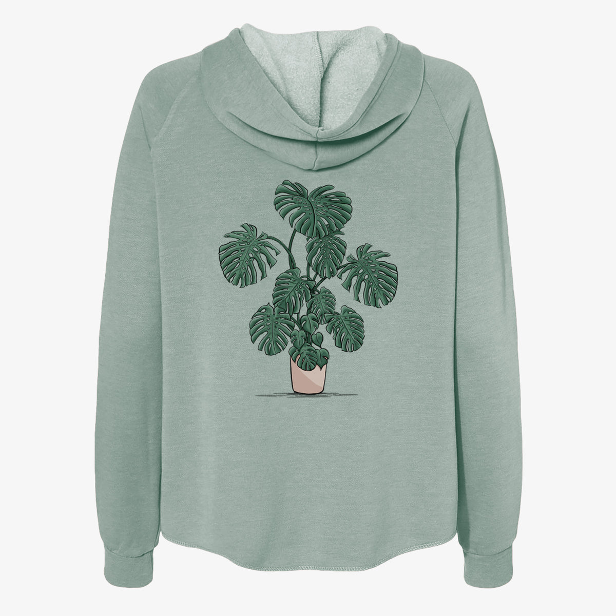 Sage green women's Cali Wave zip-up sweatshirt laid flat, printed with a full-color illustration of a large potted Monstera plant.