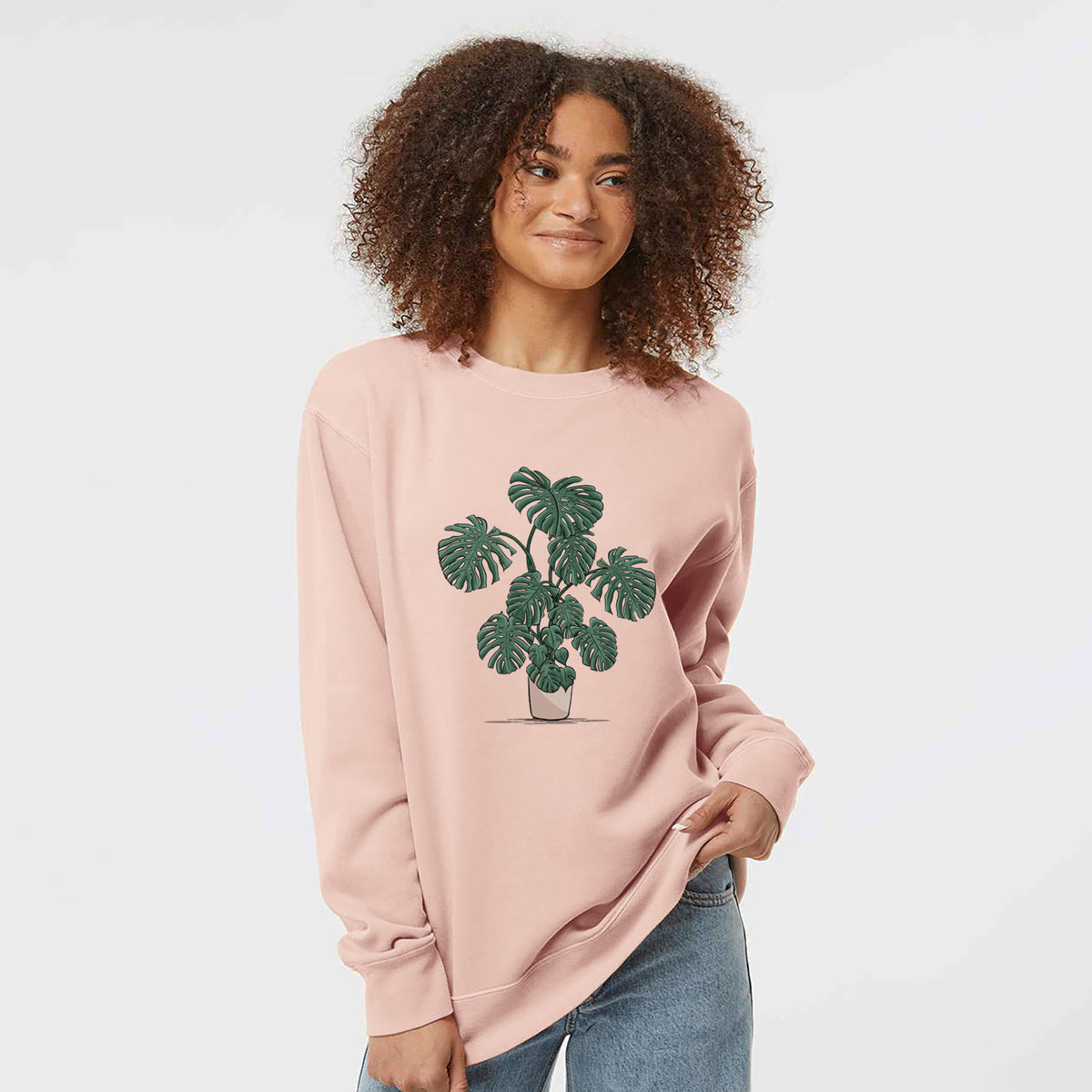 Potted Monstera Plant - Unisex Pigment Dyed Crew Sweatshirt in Dusty Pink