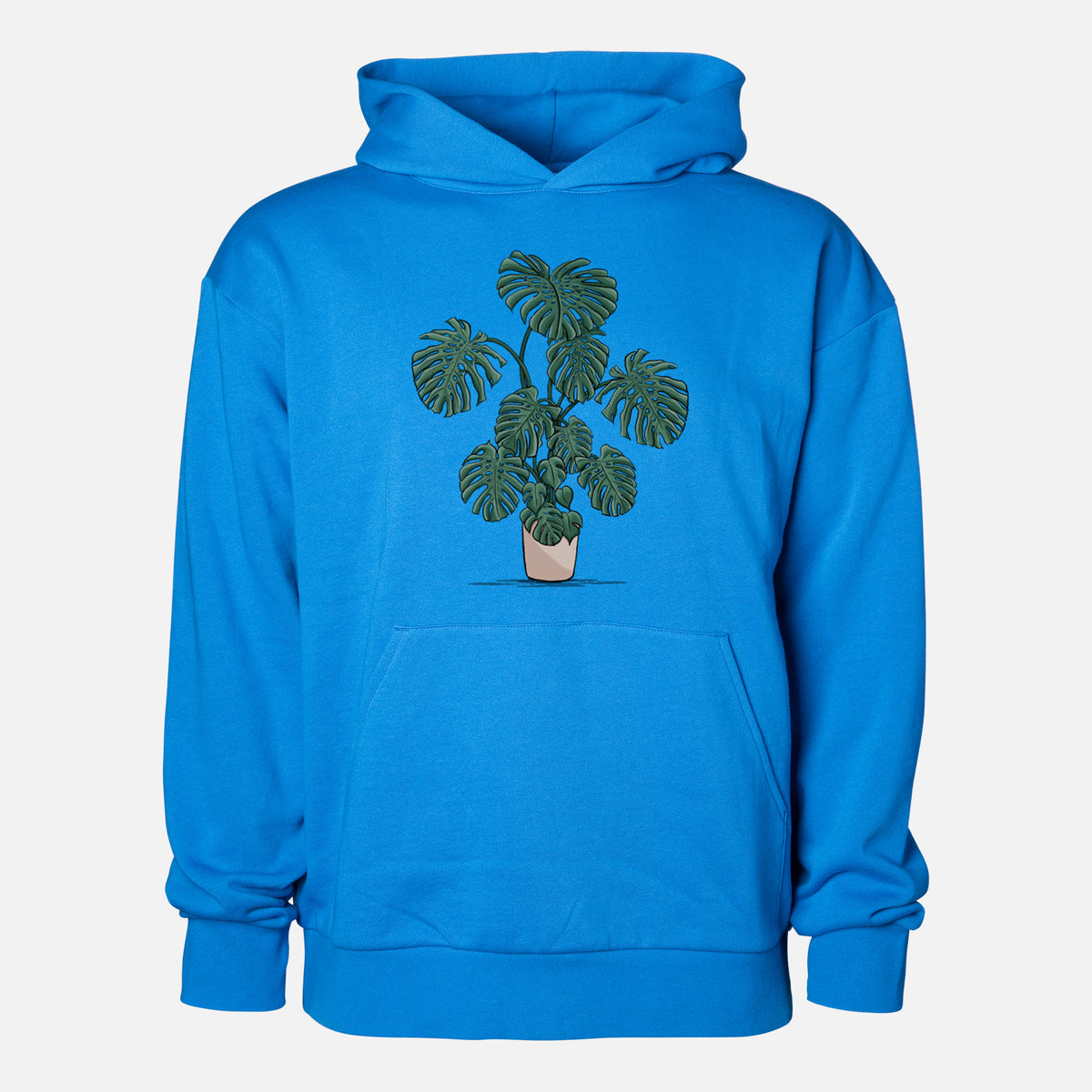Potted Monstera Plant - Statement Midweight Hoodie in Azure Blue, shown from the front with the design printed on the chest above a front kangaroo pocket.