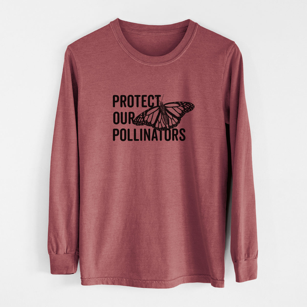 Brick red Comfort Colors long sleeve shirt laid flat, printed with bold black words reading Protect Our Pollinators beside a monarch butterfly.