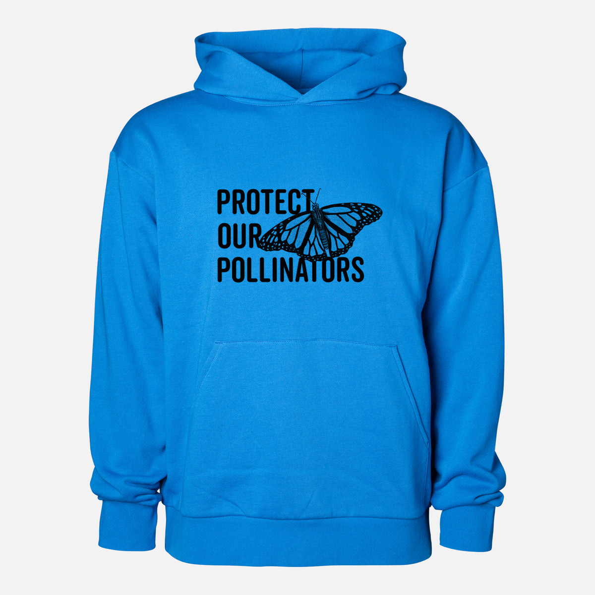 Protect our Pollinators - Statement Midweight Hoodie in Azure Blue, shown from the front with the design printed on the chest above a front kangaroo pocket.