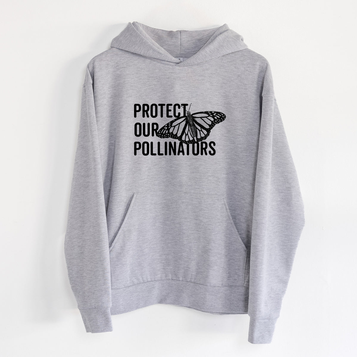 Protect our Pollinators - Statement Midweight Hoodie in Heather Grey, hanging on a white wall, with a front kangaroo pocket and no drawcords.