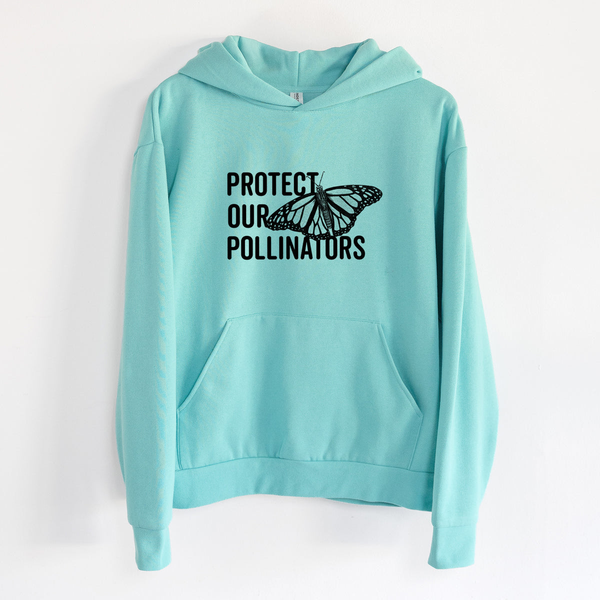 Protect our Pollinators - Statement Midweight Hoodie in Seafoam, hanging on a white wall, with a front kangaroo pocket and no drawcords.